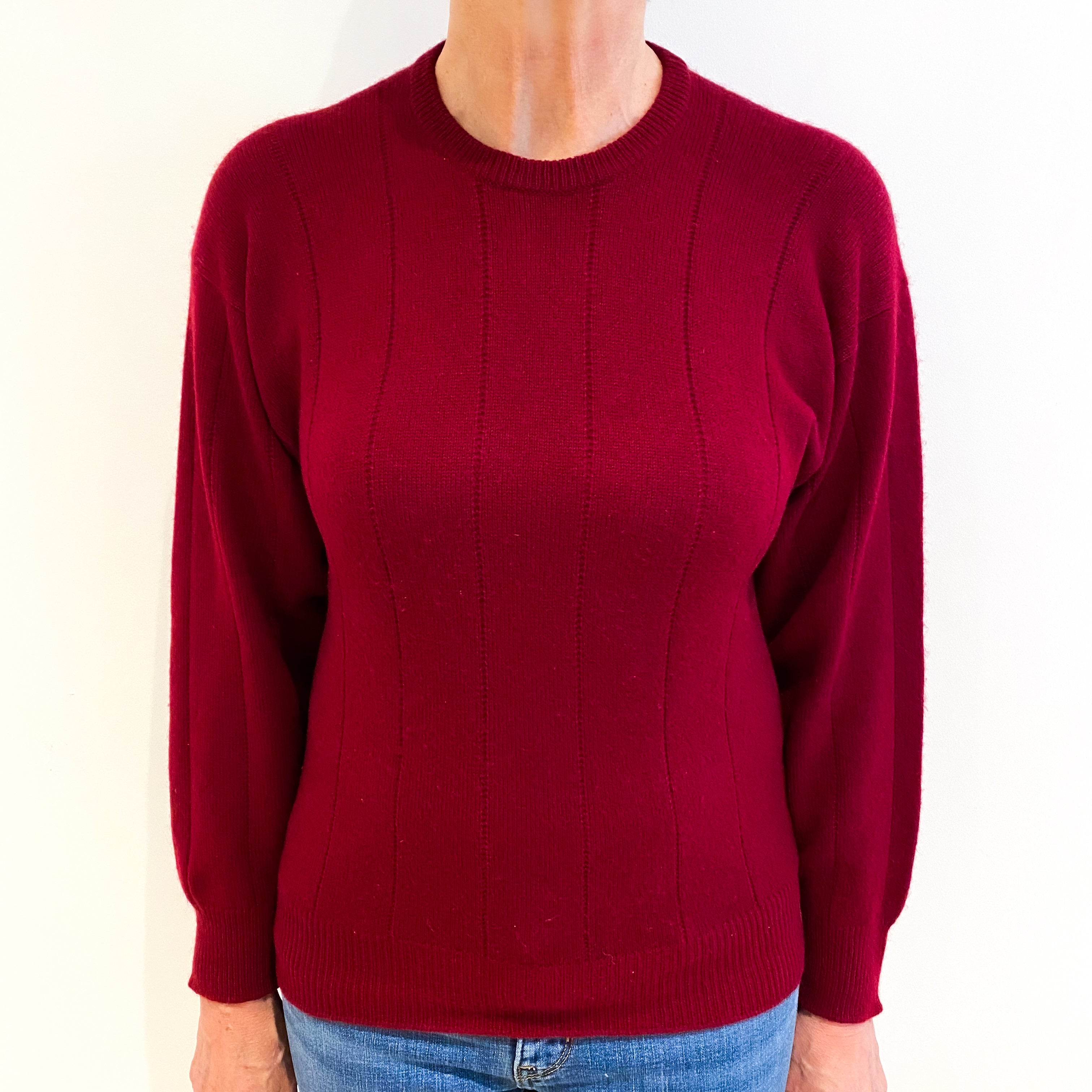 Scottish Burgundy Red Cashmere Crew Neck Stripe Knit Jumper Medium