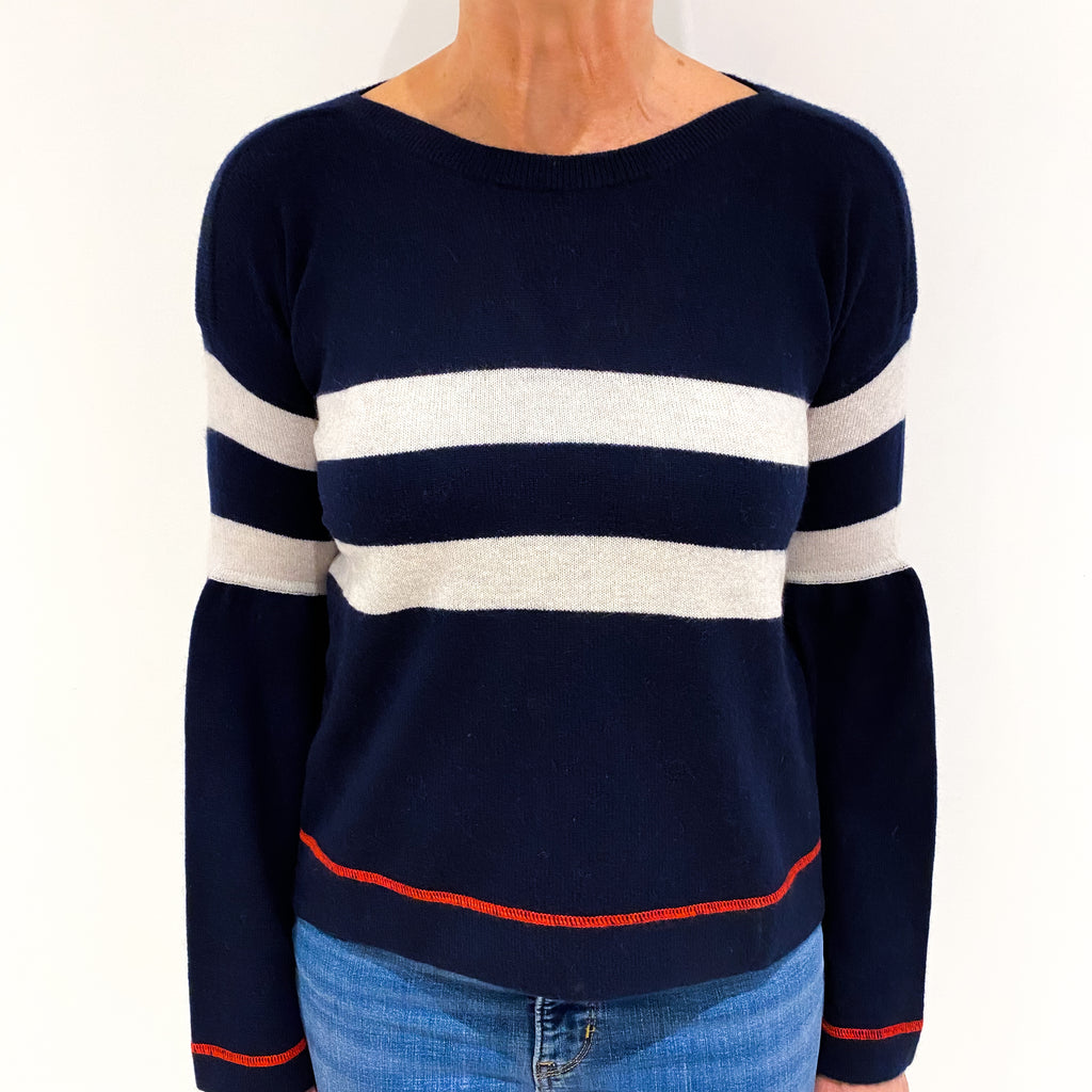 Navy Grey Stripe Cashmere Boxy Slash Neck Jumper Medium