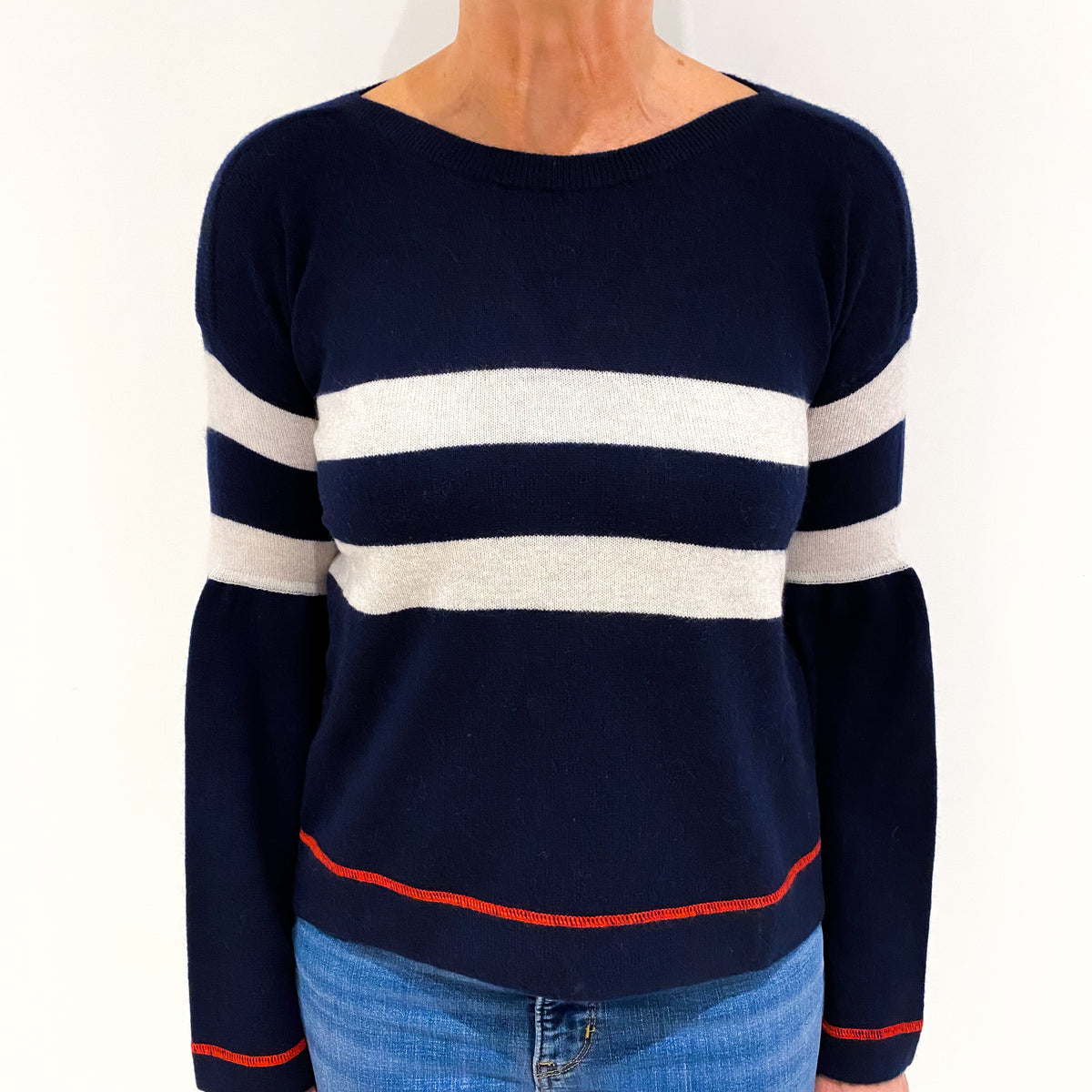 Navy Grey Stripe Cashmere Boxy Slash Neck Jumper Medium