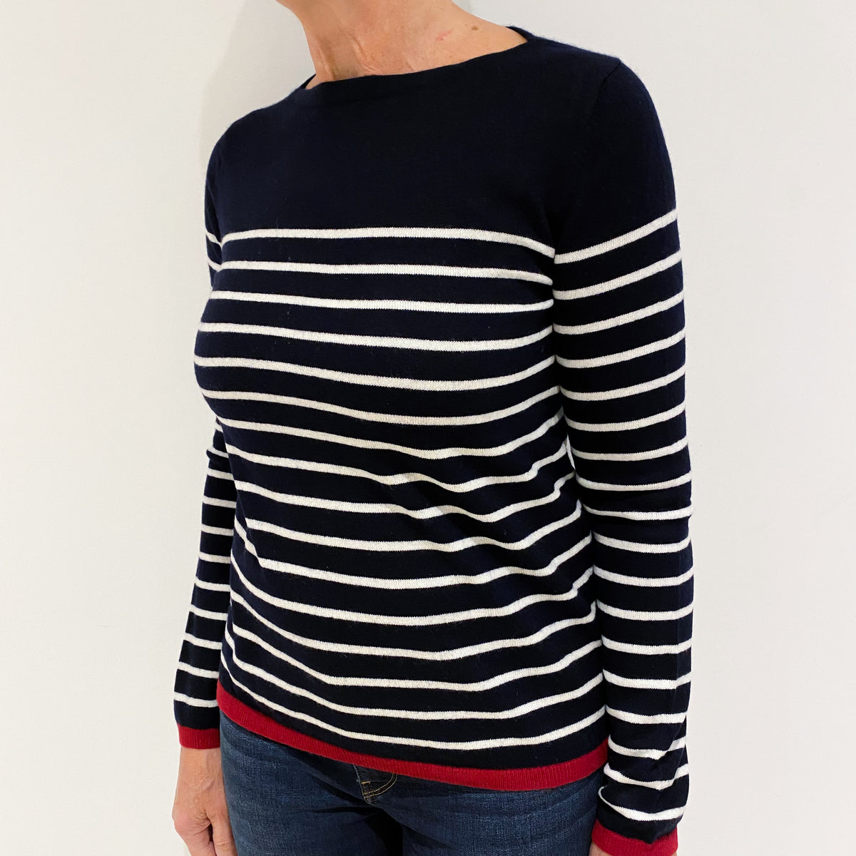Dark Navy White Stripe Cashmere Crew Neck Jumper Medium