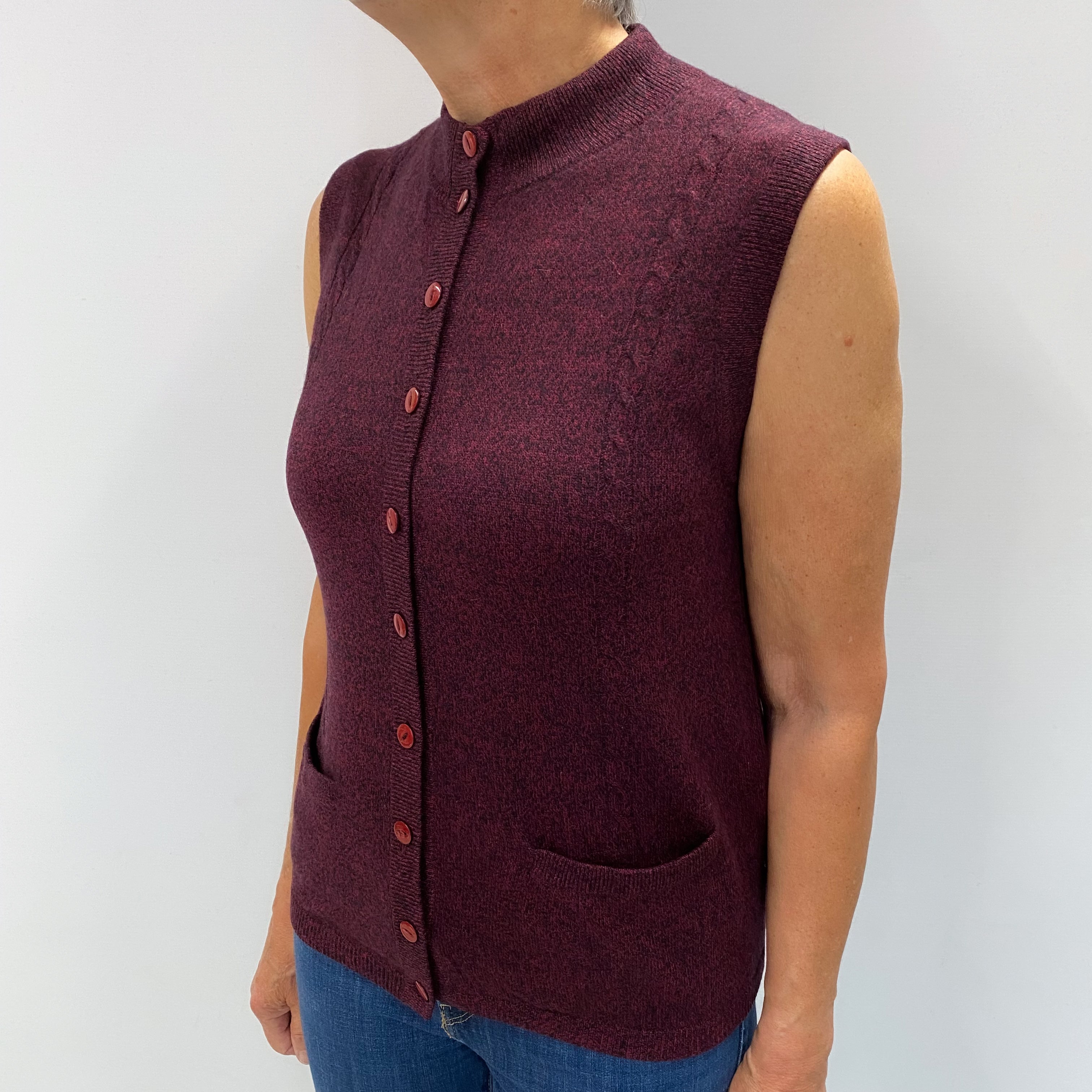 Mulberry Marl Cashmere Sleeveless Cardigan with Pockets Medium