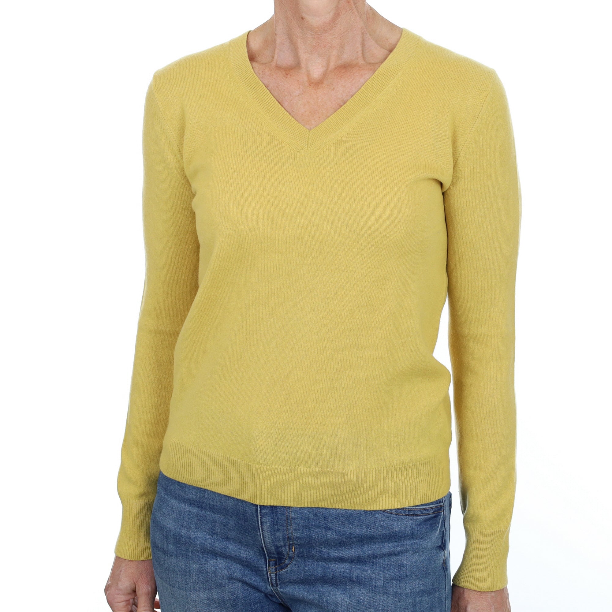 Flaxen Yellow Cashmere V Neck Jumper Small