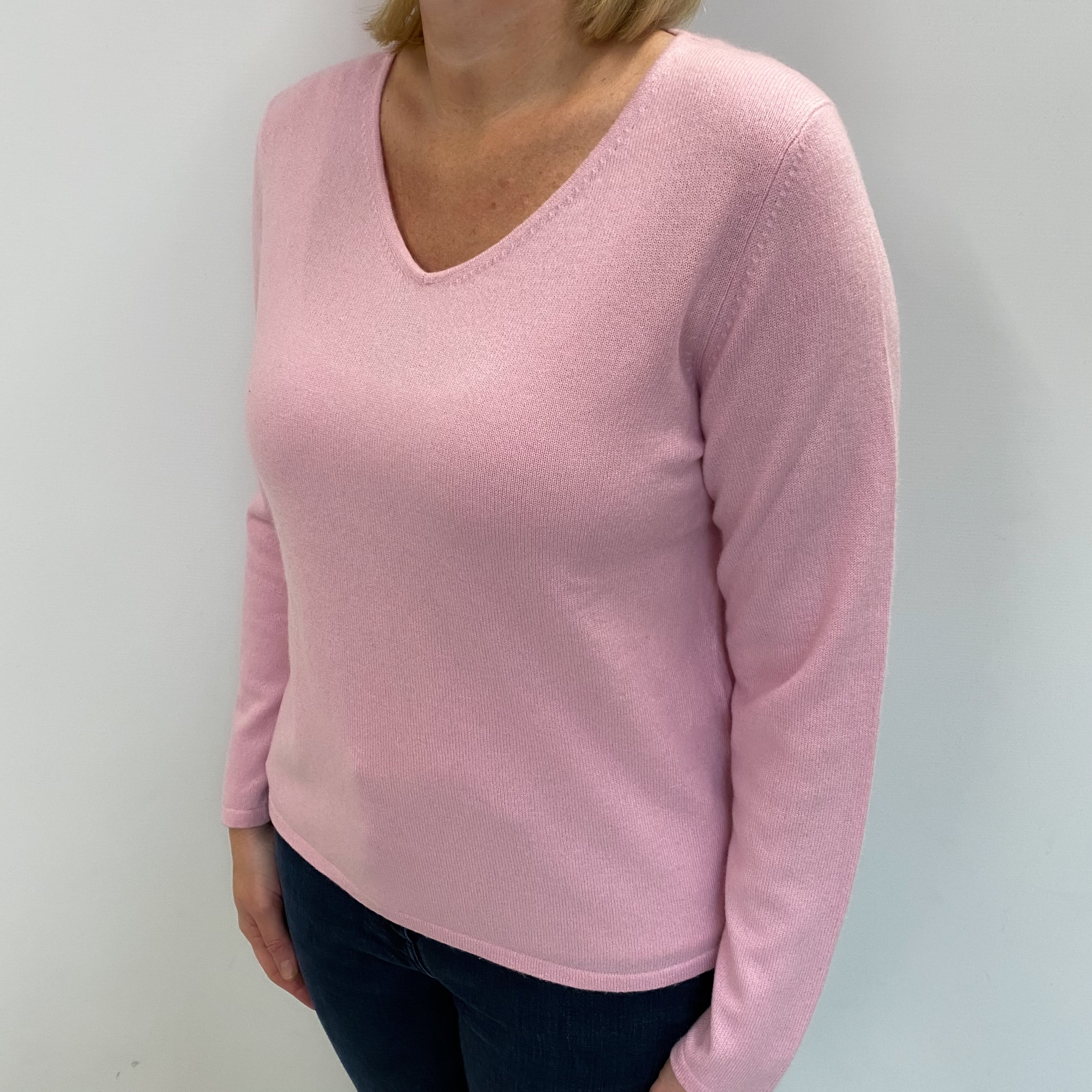 Carnation Pink Cashmere V Neck Jumper Large