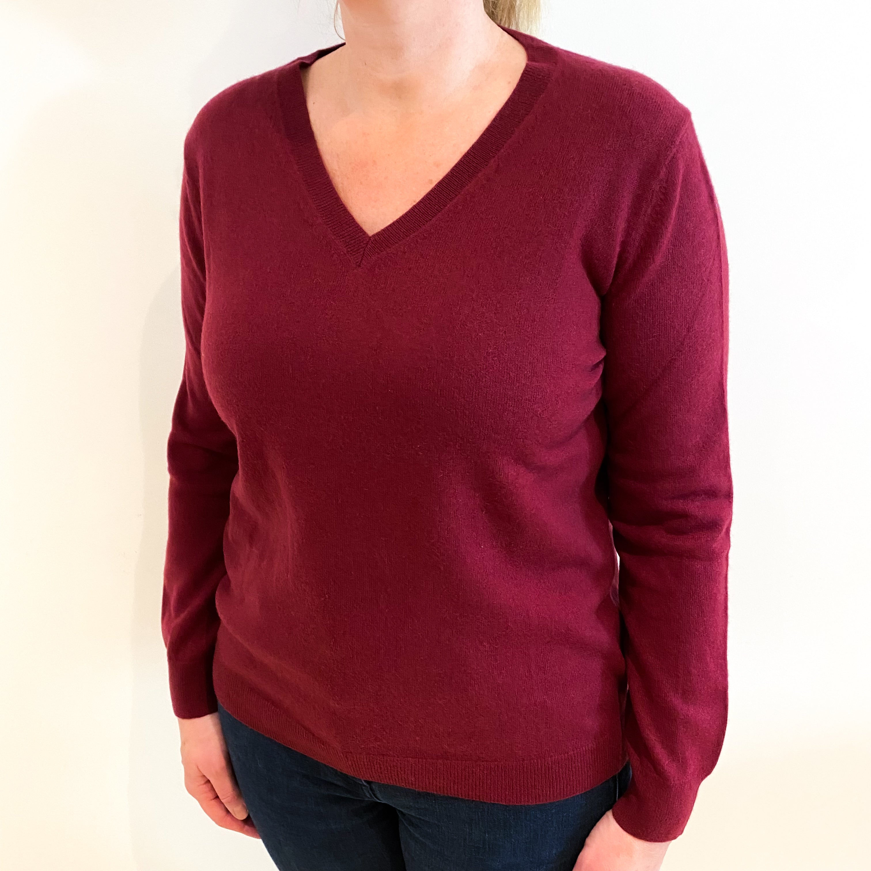Maroon Red Cashmere V Neck Jumper Large