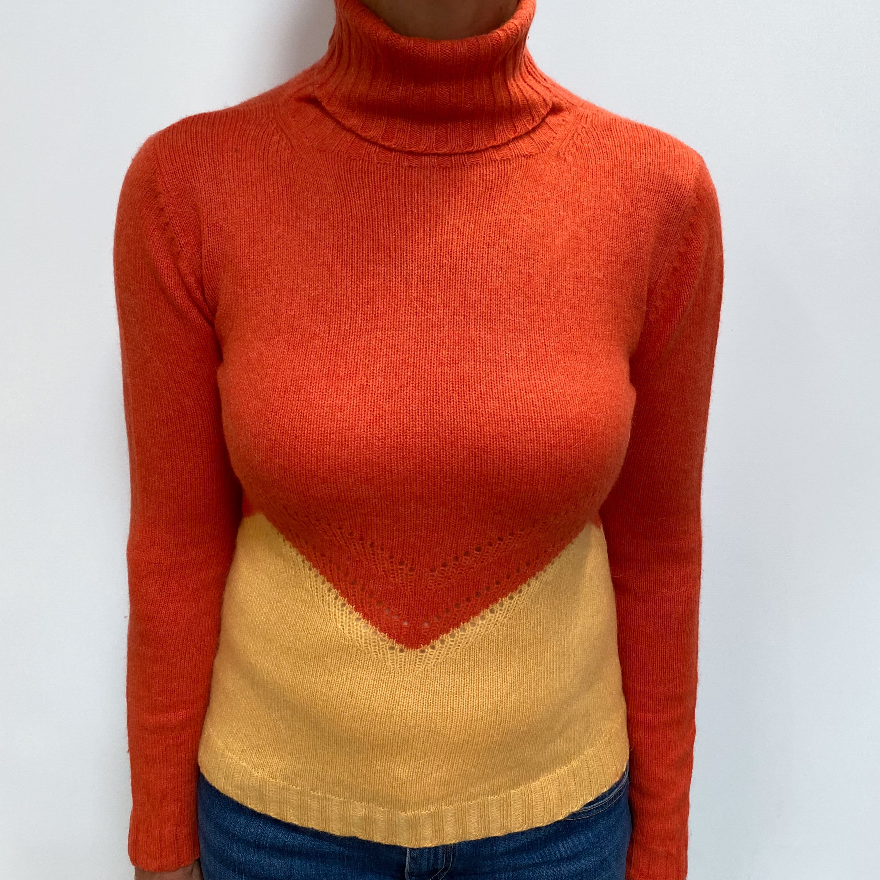 Pumpkin Orange And Yellow Colour Block Cashmere Polo Neck Jumper Medium