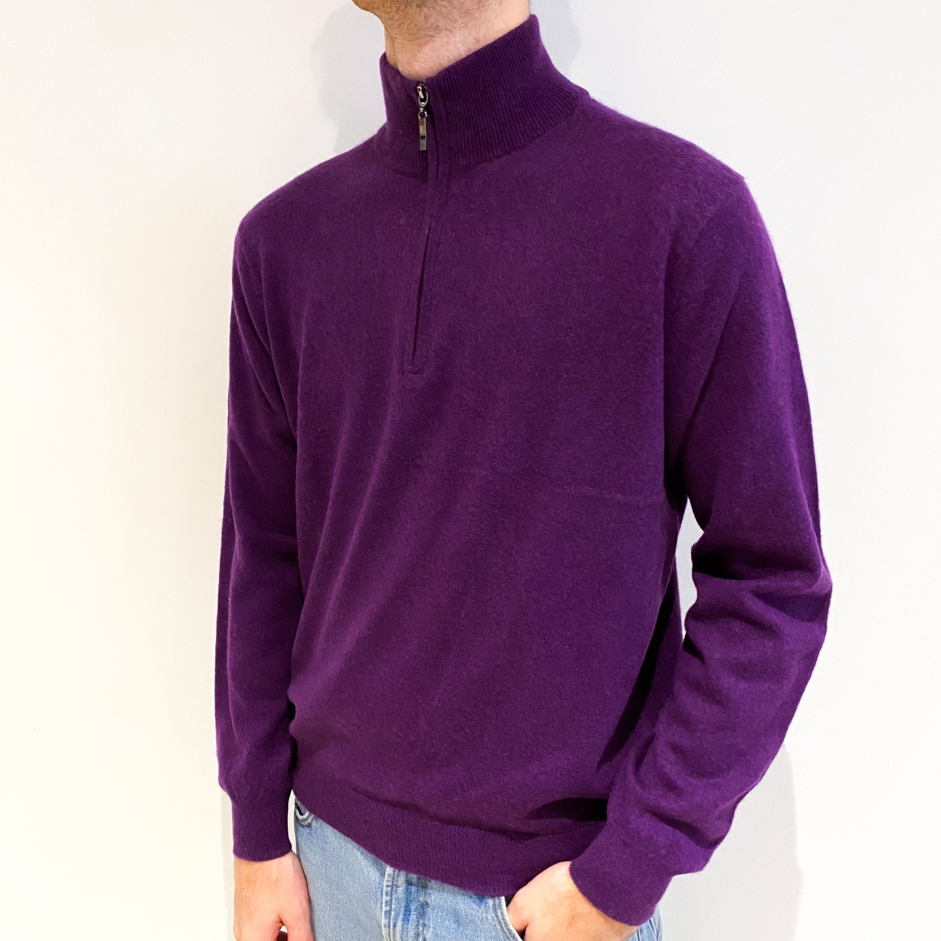 Men's Aubergine Purple Cashmere 3/4 Zip Up Turtle Neck Jumper Medium