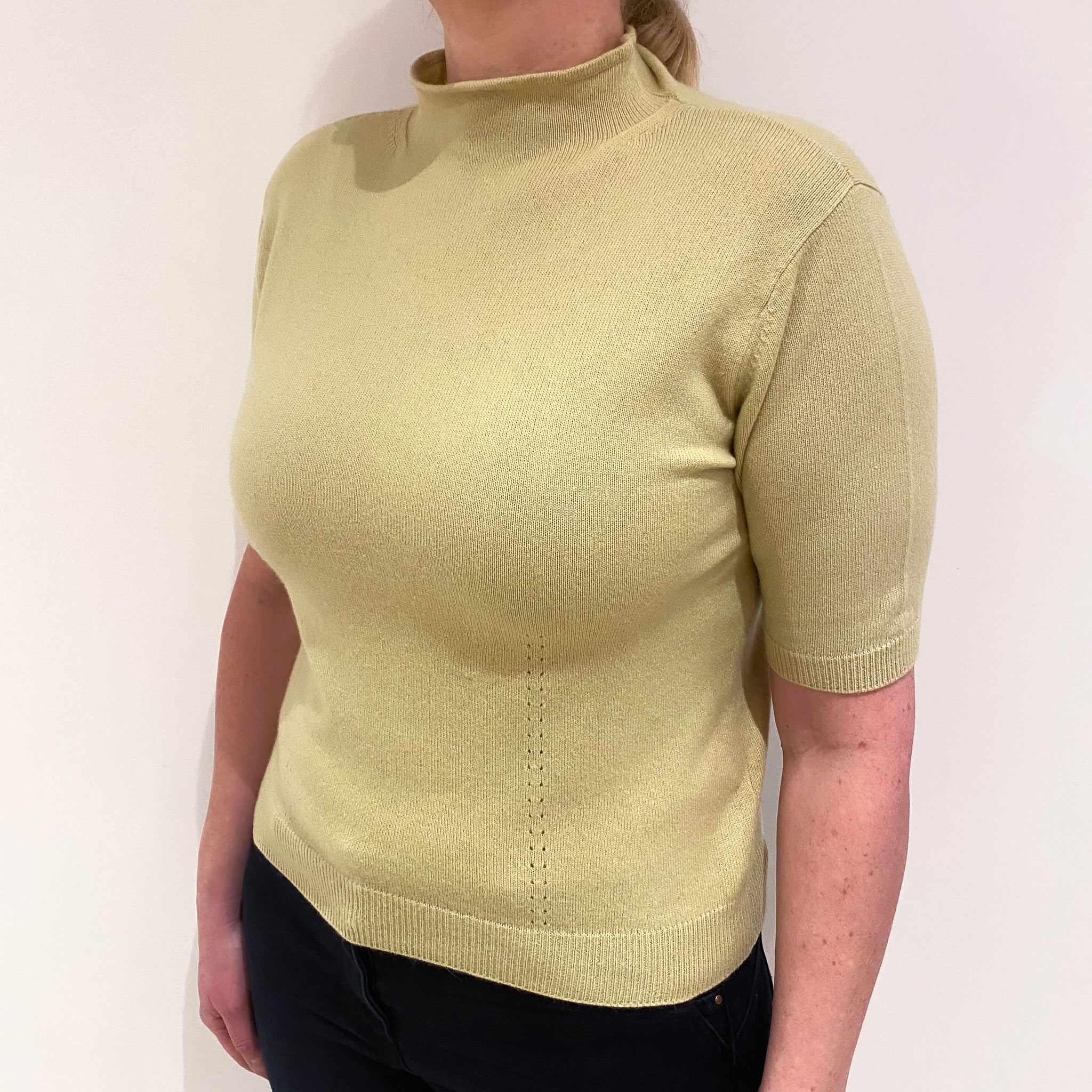 Pistachio Green Short Sleeve Cashmere Funnel Neck Jumper Large