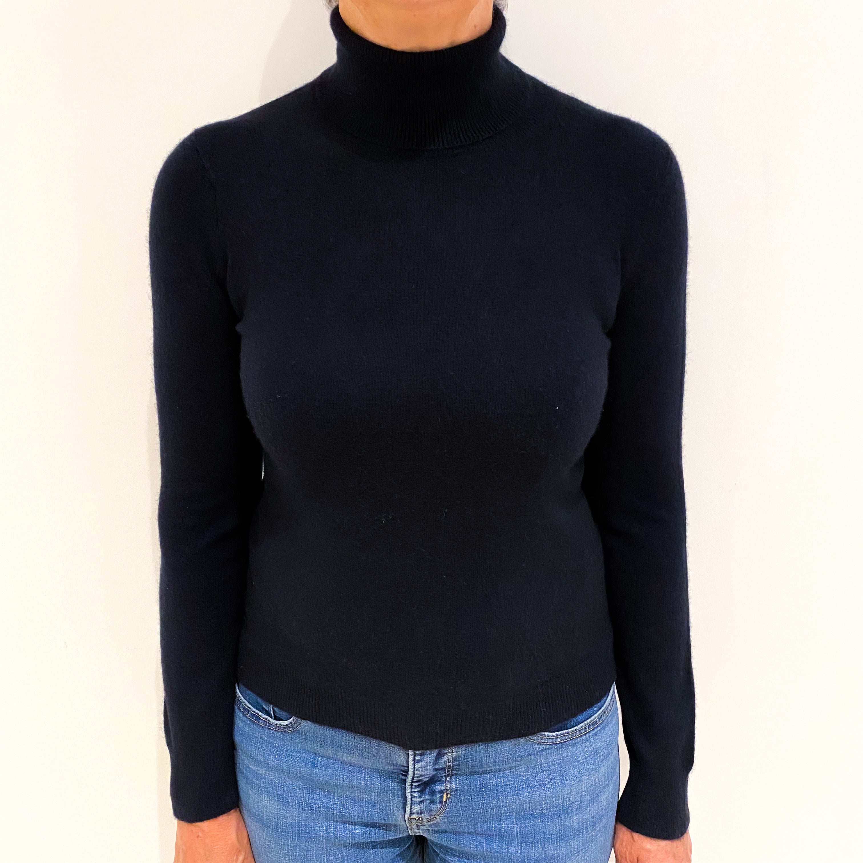 Dark Navy Blue Cashmere Polo Neck Jumper Medium