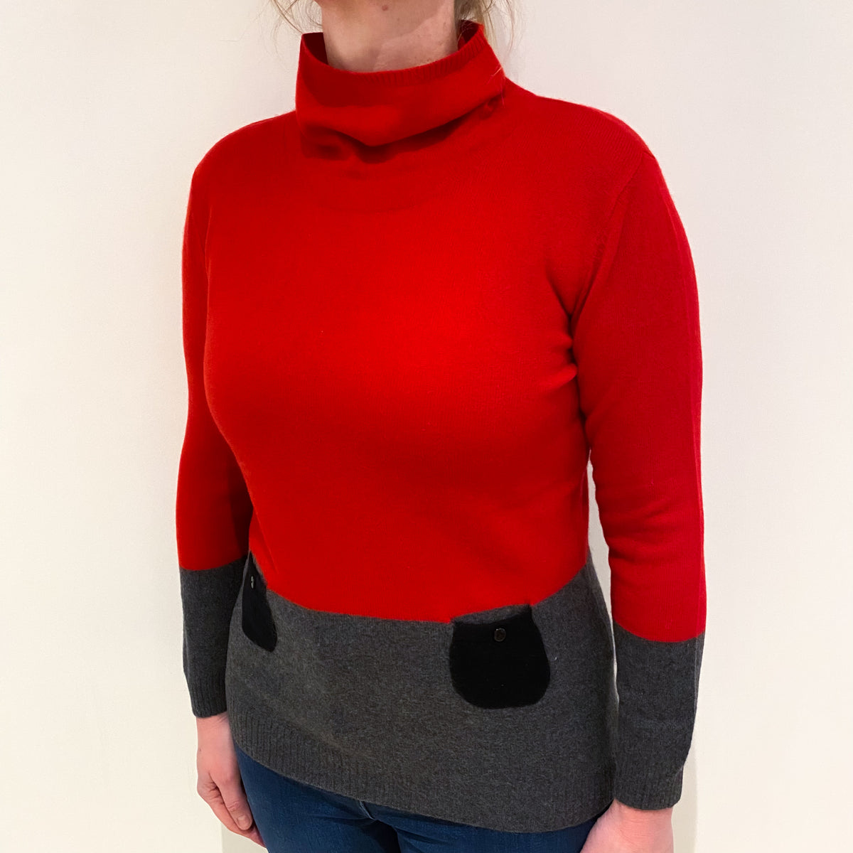 Scarlet Red and Grey Cashmere Funnel Neck Jumper Large