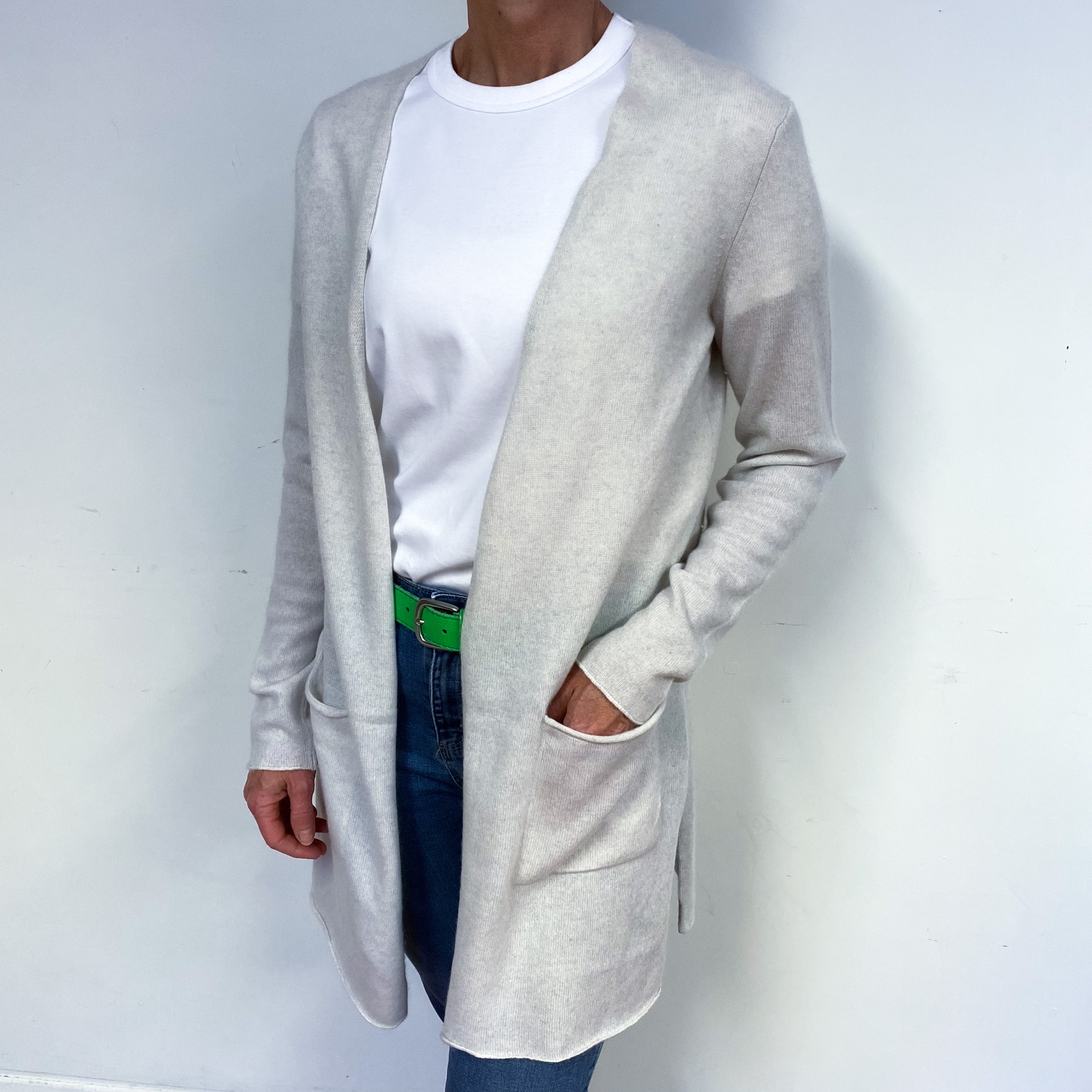 Palest Frost Grey Cashmere Edge to Edge Cardigan Medium