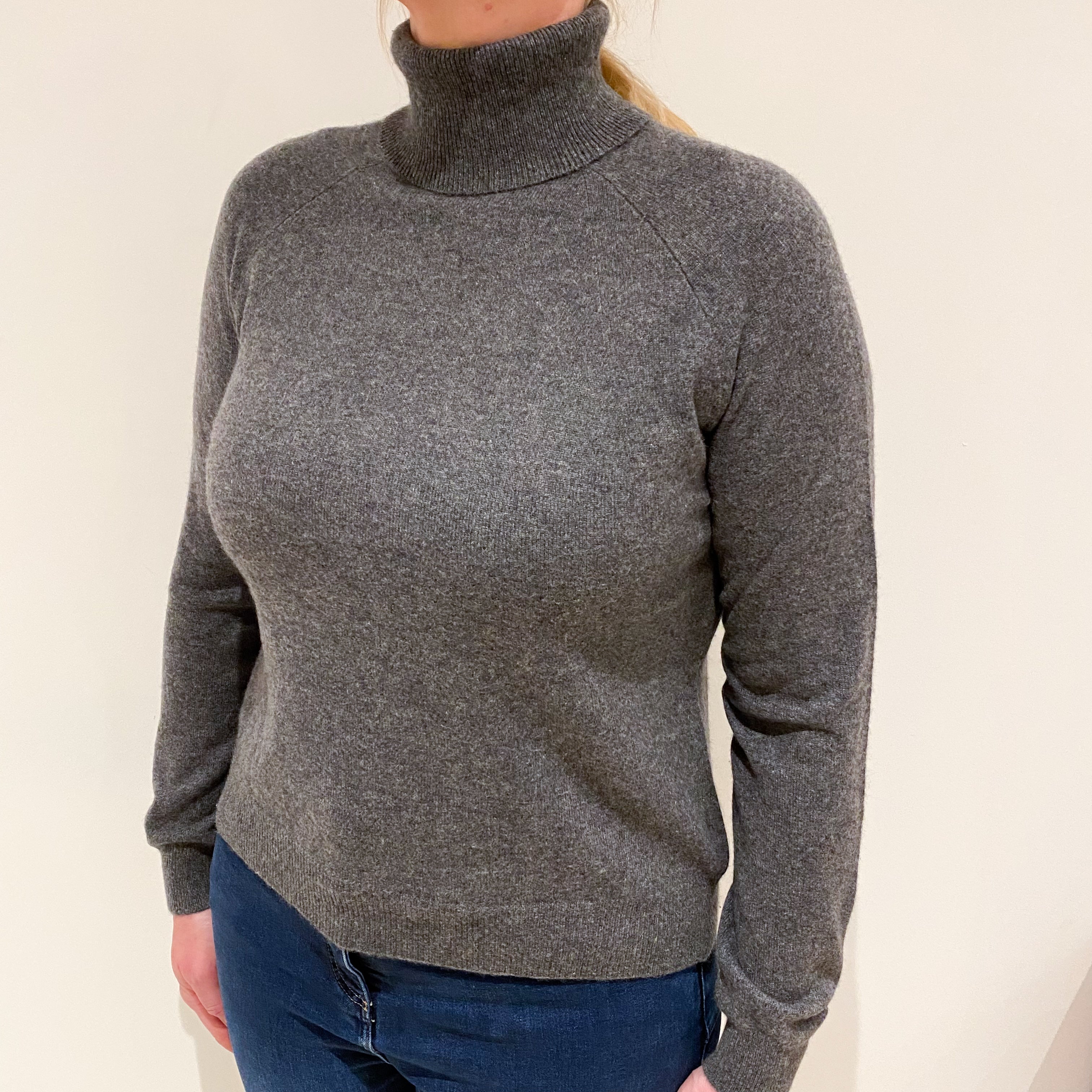Slate Grey Cashmere Polo Neck Jumper Large