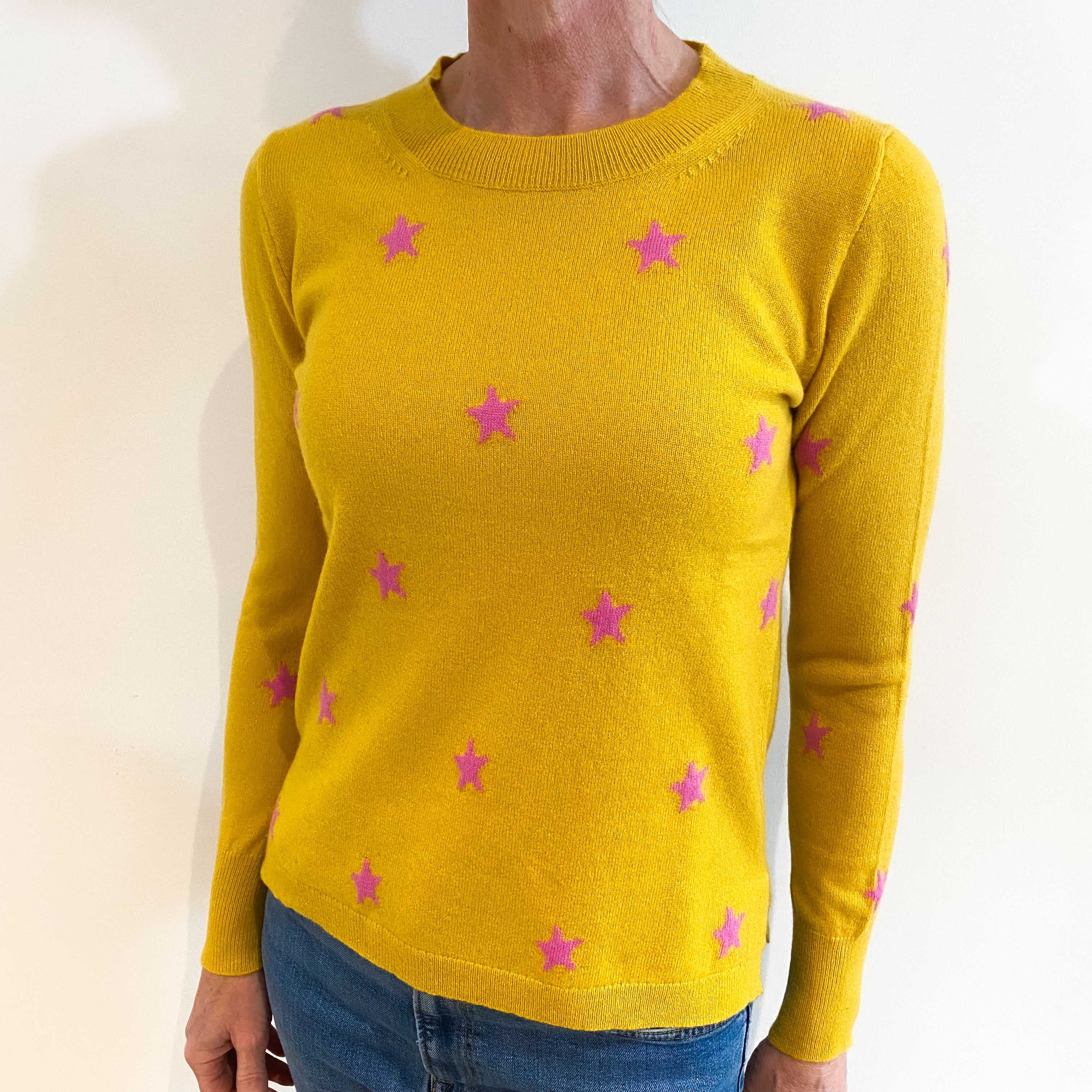 Mustard with Pink Stars Cashmere Crew Neck Jumper Small