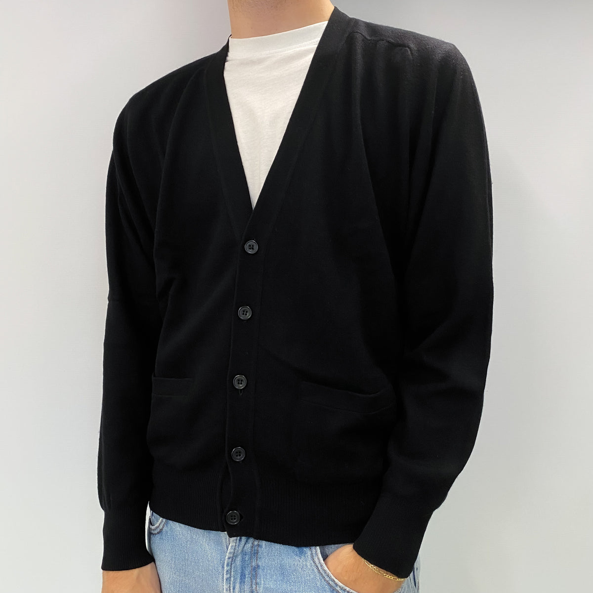 Men's Black Cashmere V Neck Cardigan Large