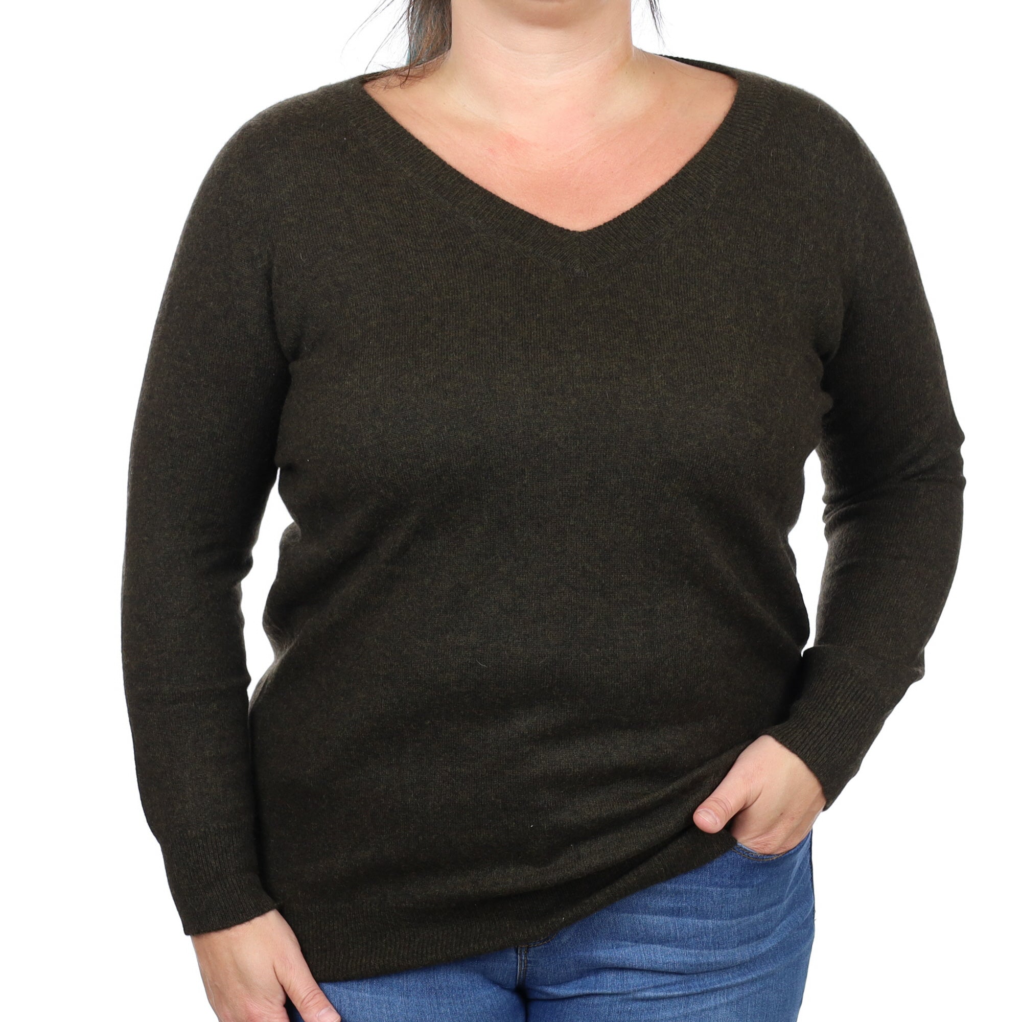 Deep Khaki Marl Cashmere V Neck Jumper Large