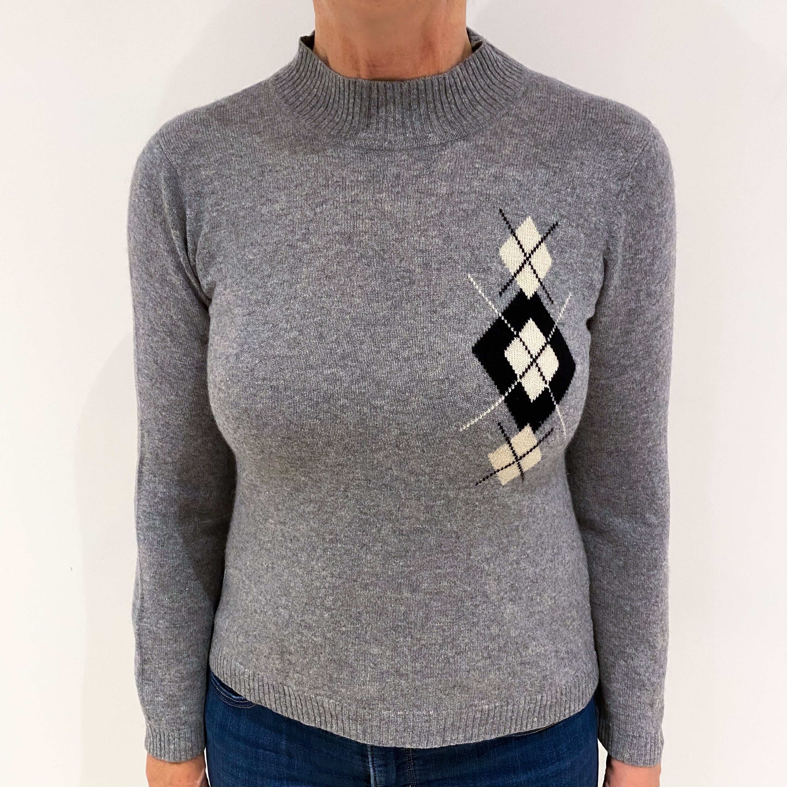 Ash Grey Diamond Pattern Cashmere Polo Neck Jumper Medium