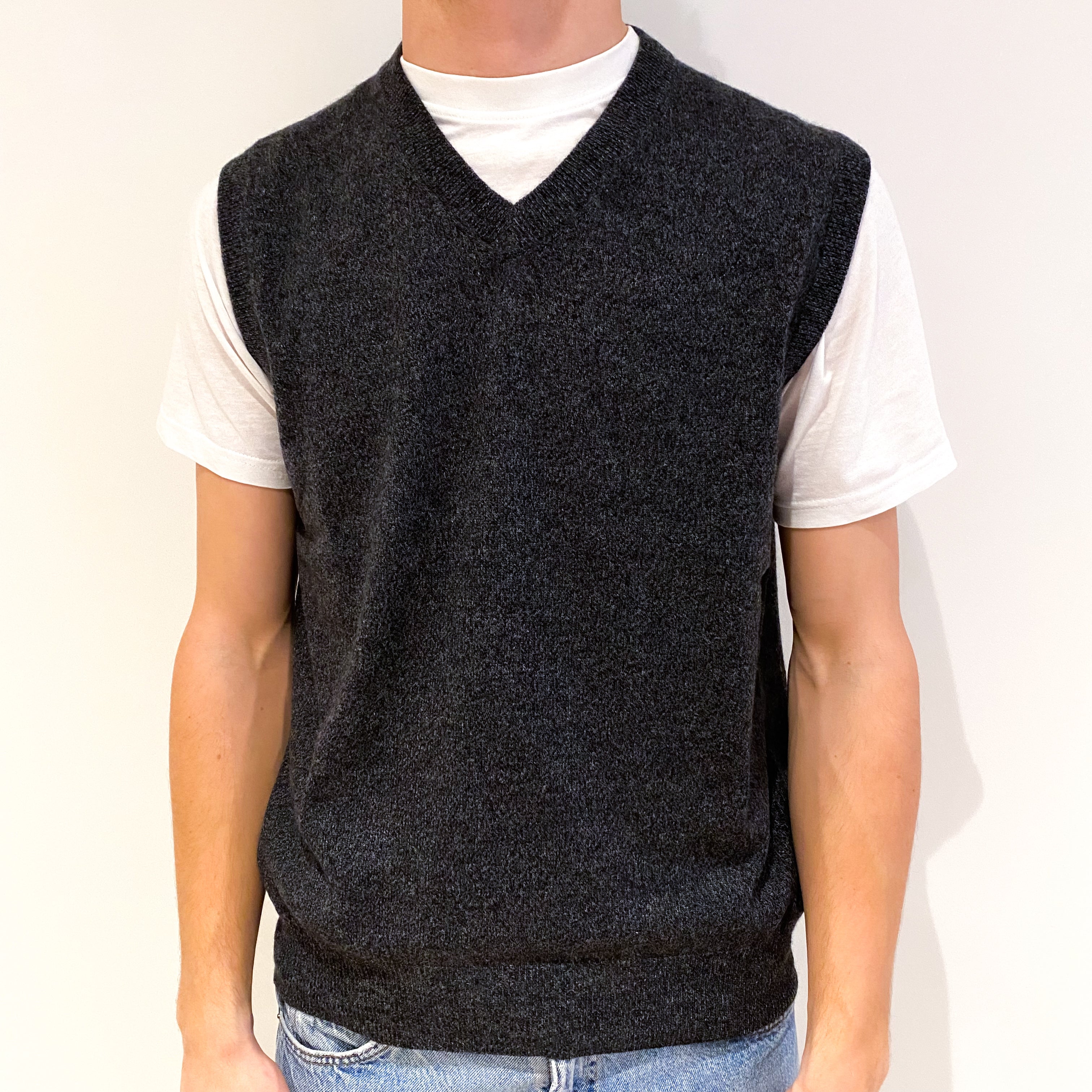 Men's Charcoal Grey Marl Cashmere V-Neck Tank Top Medium