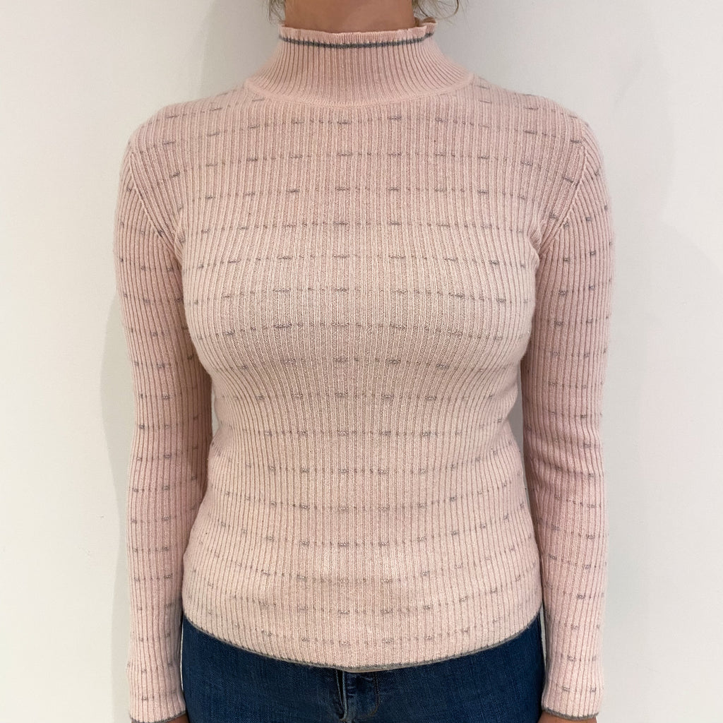 Pale Pink and Grey Rib Cashmere Turtle Neck Jumper Small