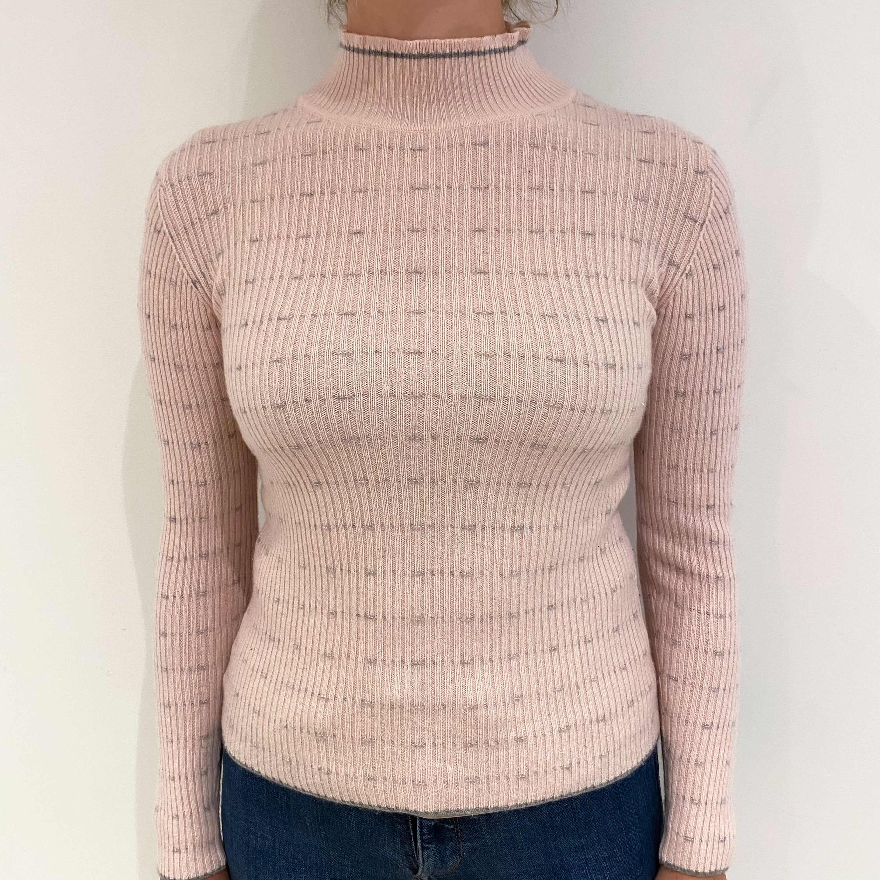 Pale Pink and Grey Rib Cashmere Turtle Neck Jumper Small