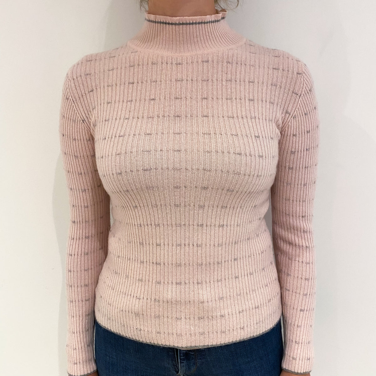 Pale Pink and Grey Rib Cashmere Turtle Neck Jumper Small
