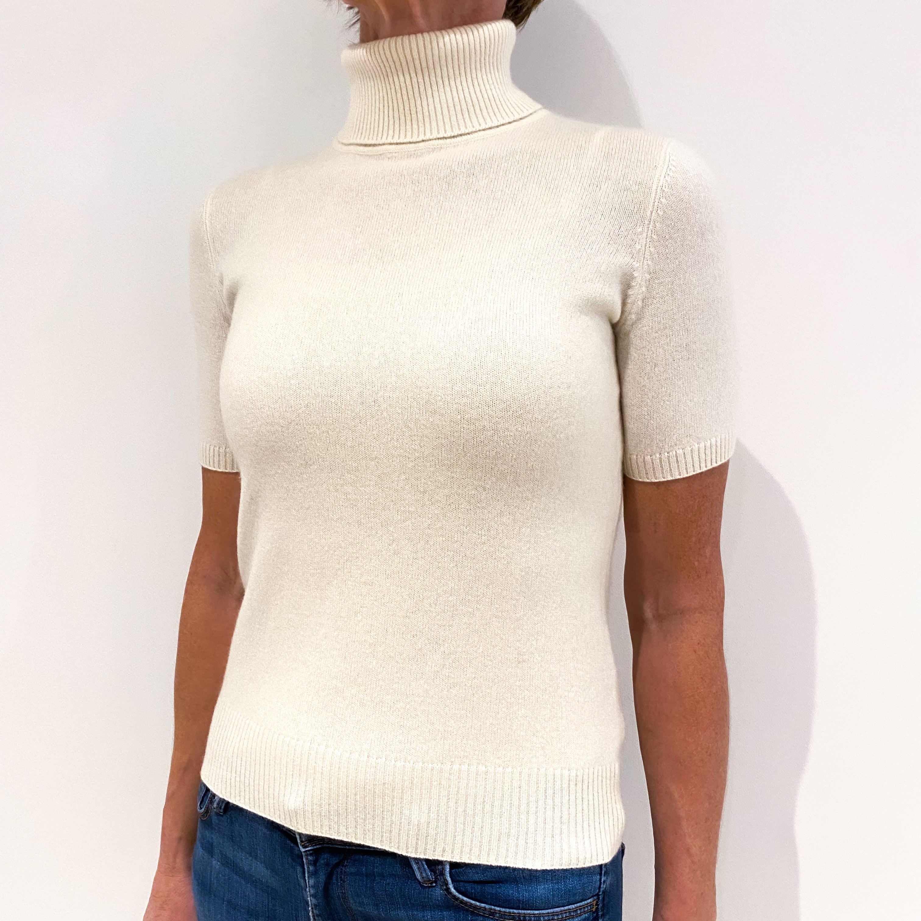 Cream Short Sleeved Cashmere Polo Neck Jumper Small