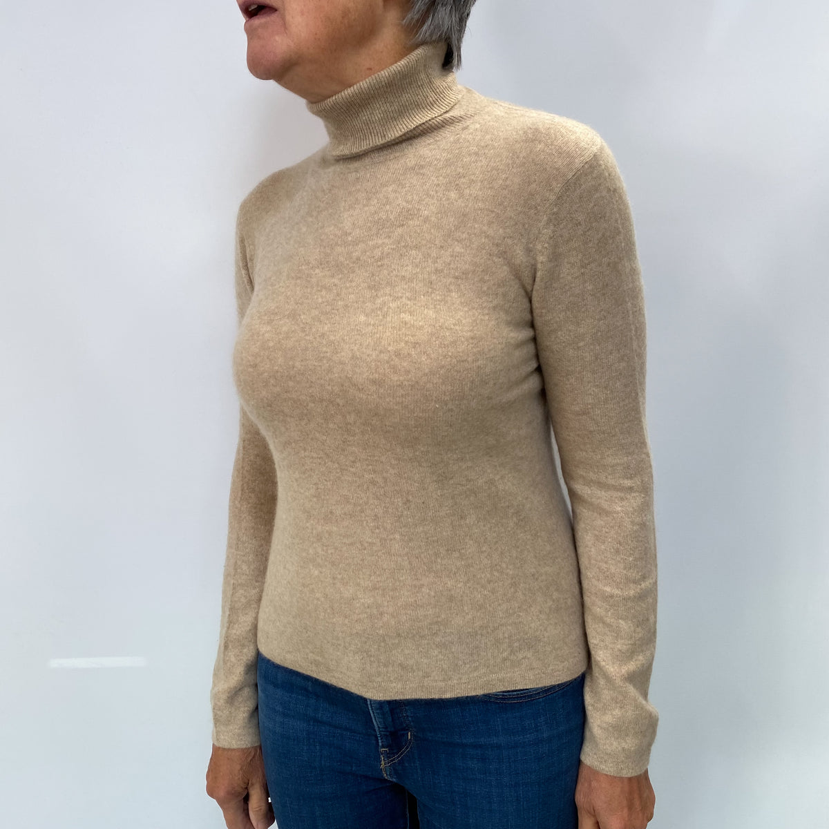 Biscuit Brown Cashmere Polo Neck Jumper Medium