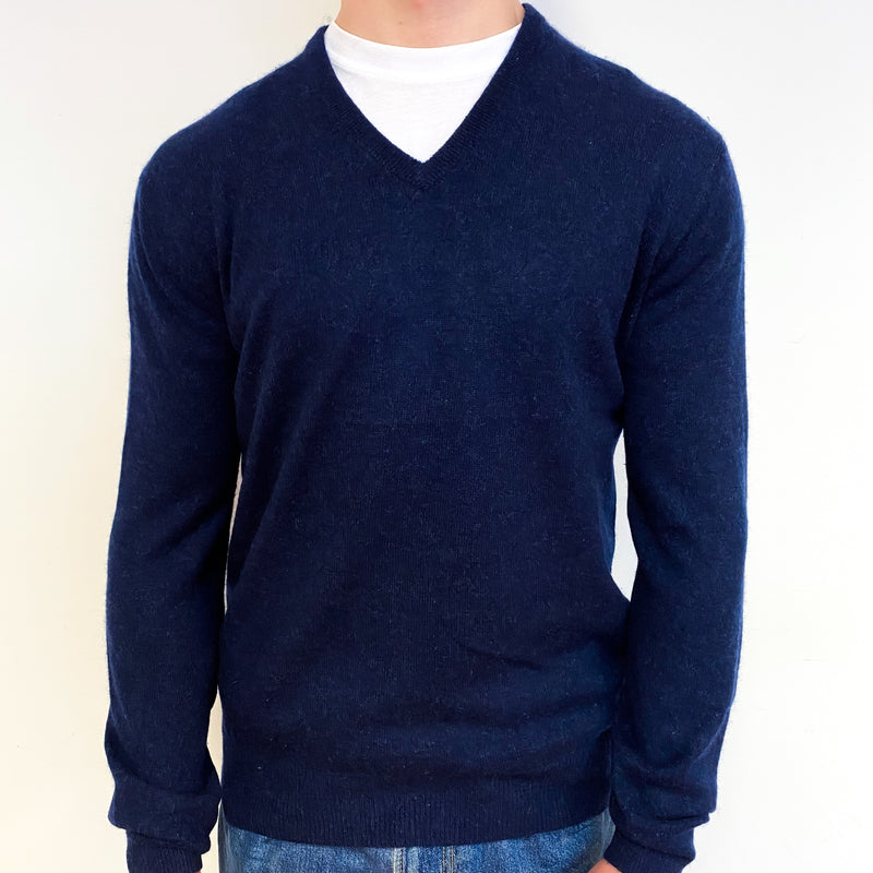 Men's Naval Blue Cashmere V-Neck Jumper Small