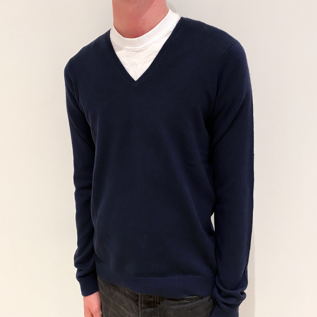 Men's Navy Blue Cashmere V-Neck Jumper Small