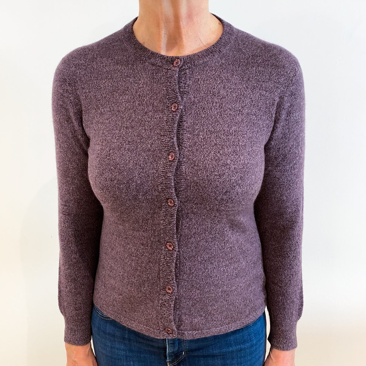 Grape Purple Marl Cashmere Crew Neck Cardigan Medium