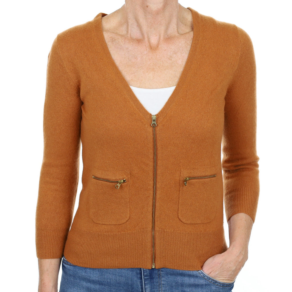 Cinnamon Brown Cashmere Zip Up Cardigan Small