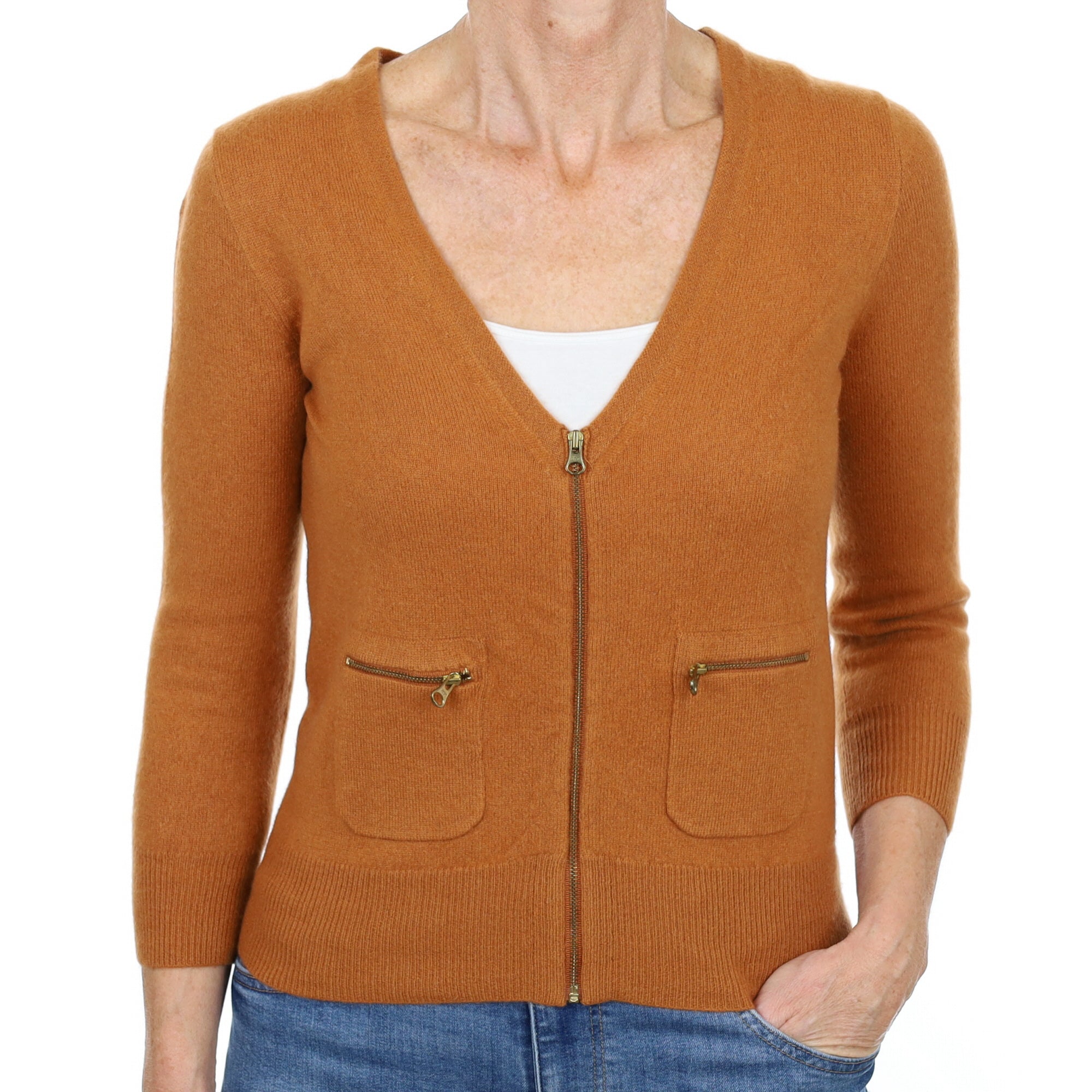 Cinnamon Brown Cashmere Zip Up Cardigan Small