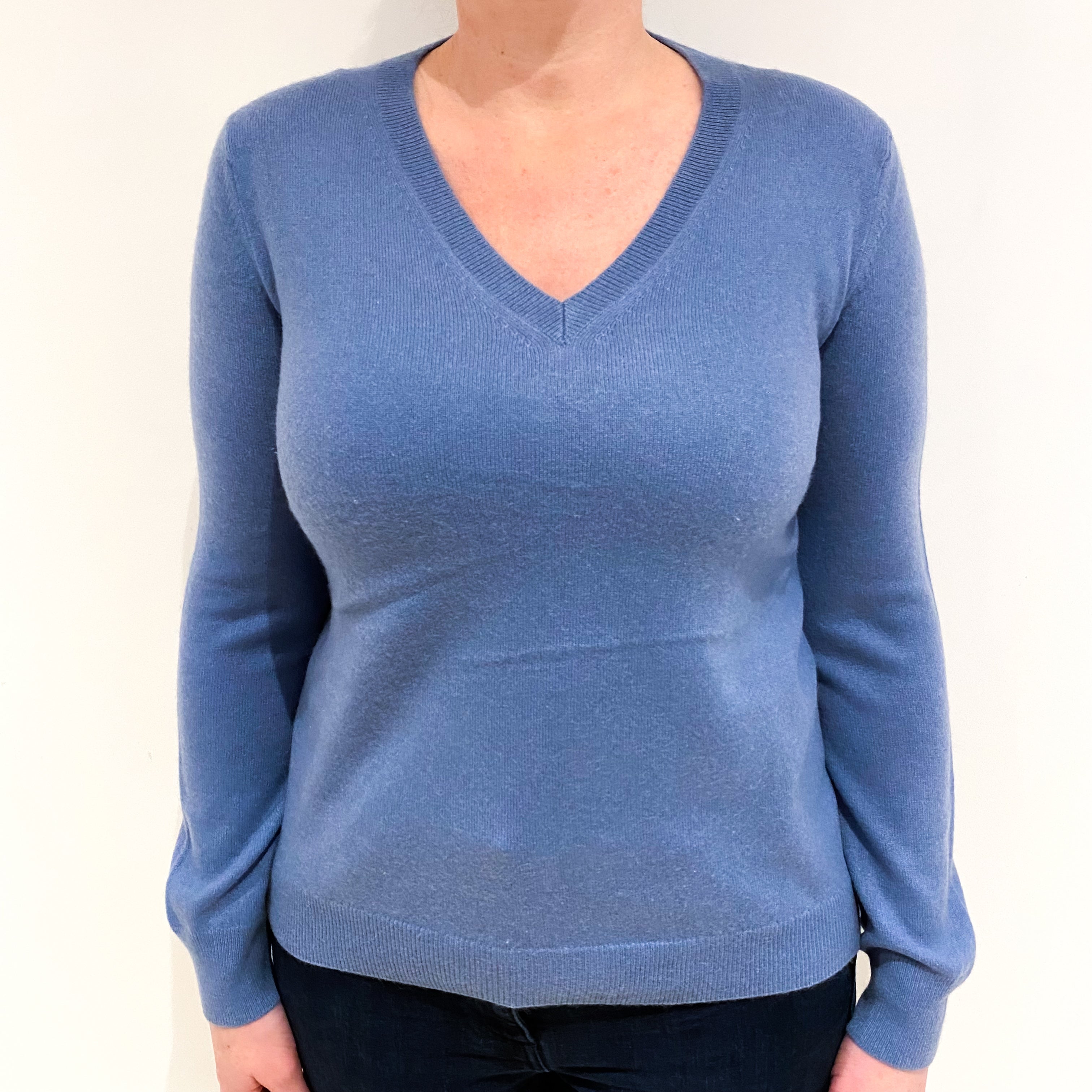 Dusty Blue Cashmere V Neck Jumper Large