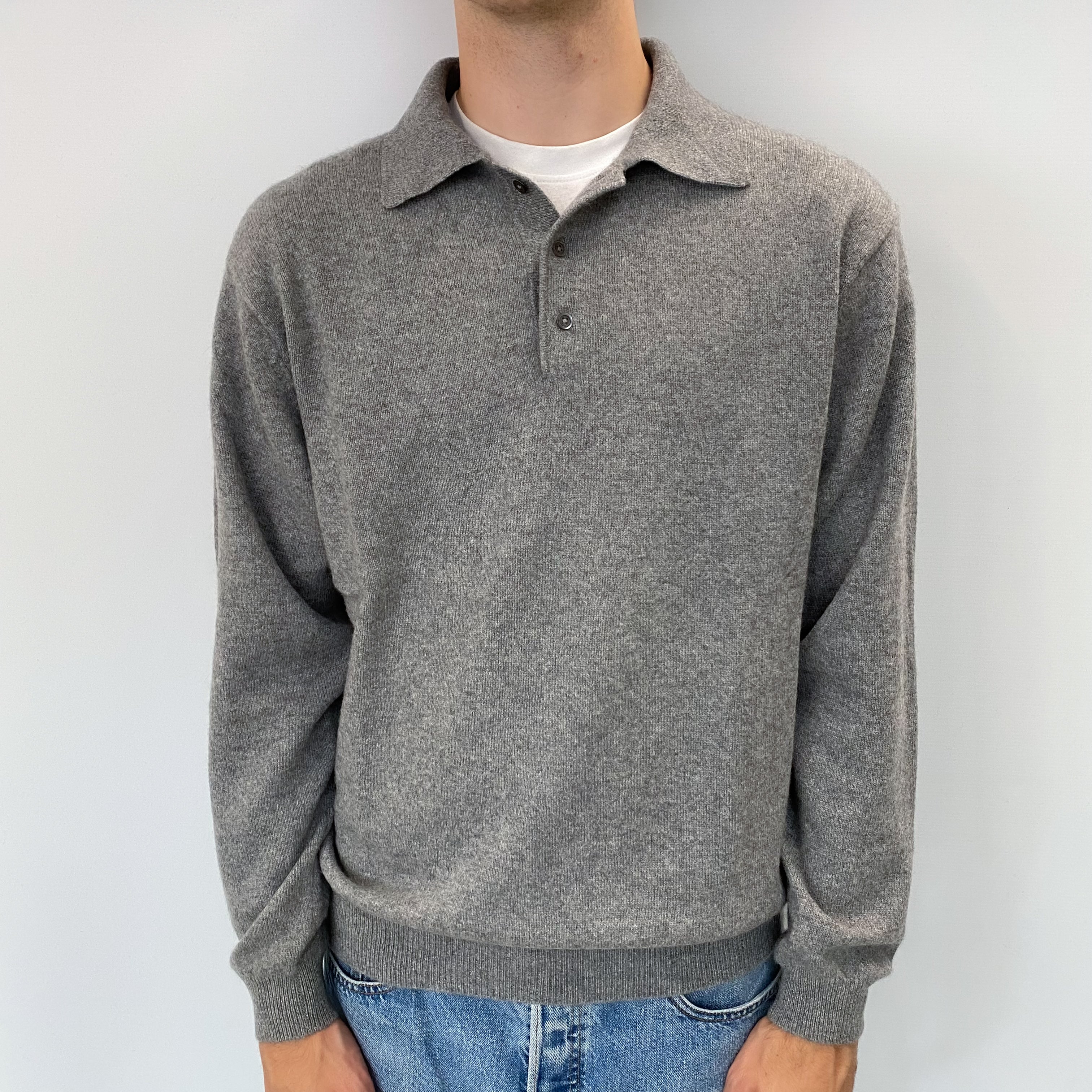 Men's Smoke Grey Cashmere Quarter Button Jumper Large