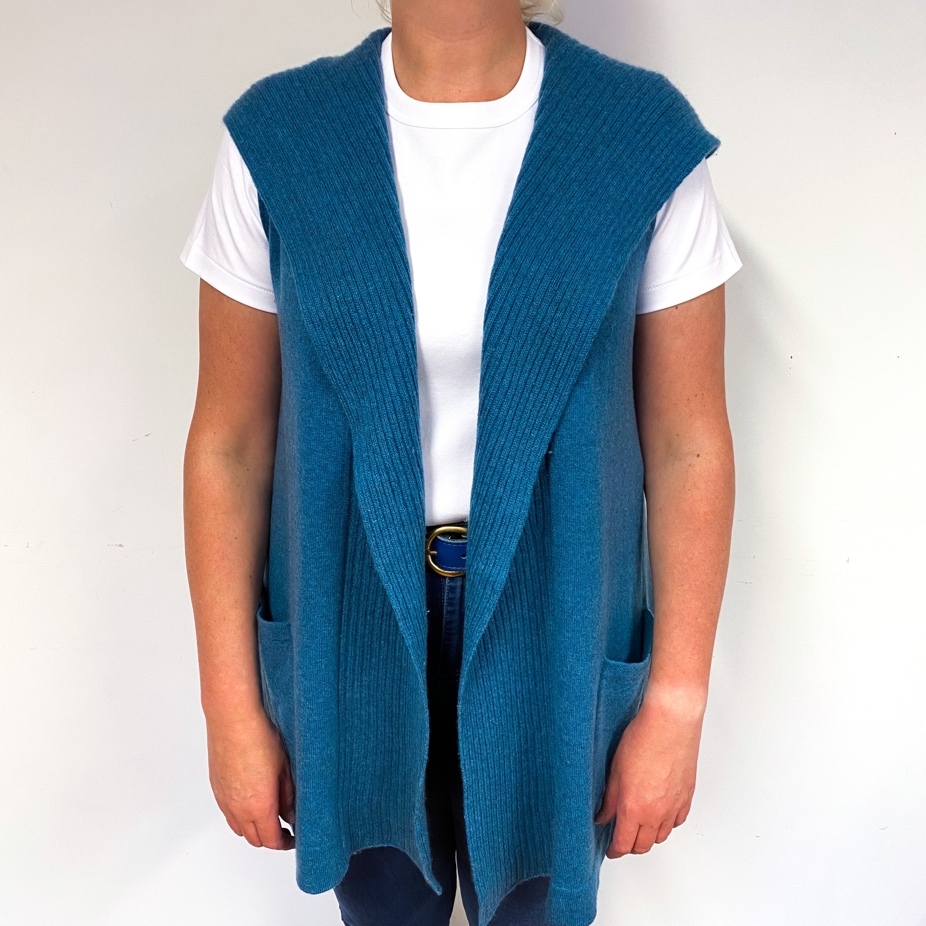 Petrol Blue Sleeveless Cashmere Cardigan with Hood Large