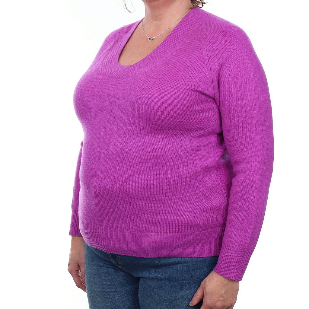 Magenta Pink Heavy Knit Cashmere V Neck Jumper Extra Large