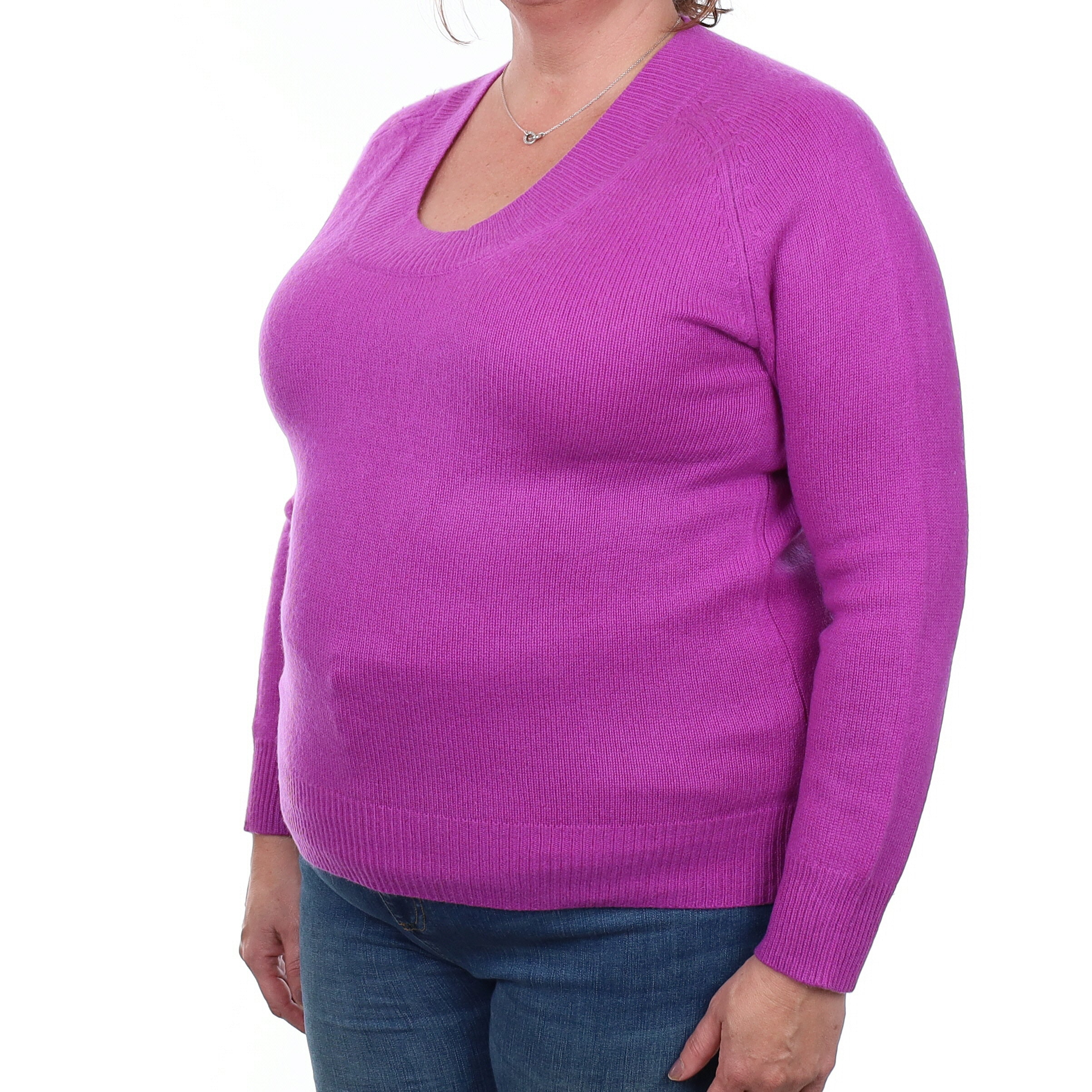 Magenta Pink Heavy Knit Cashmere V Neck Jumper Extra Large