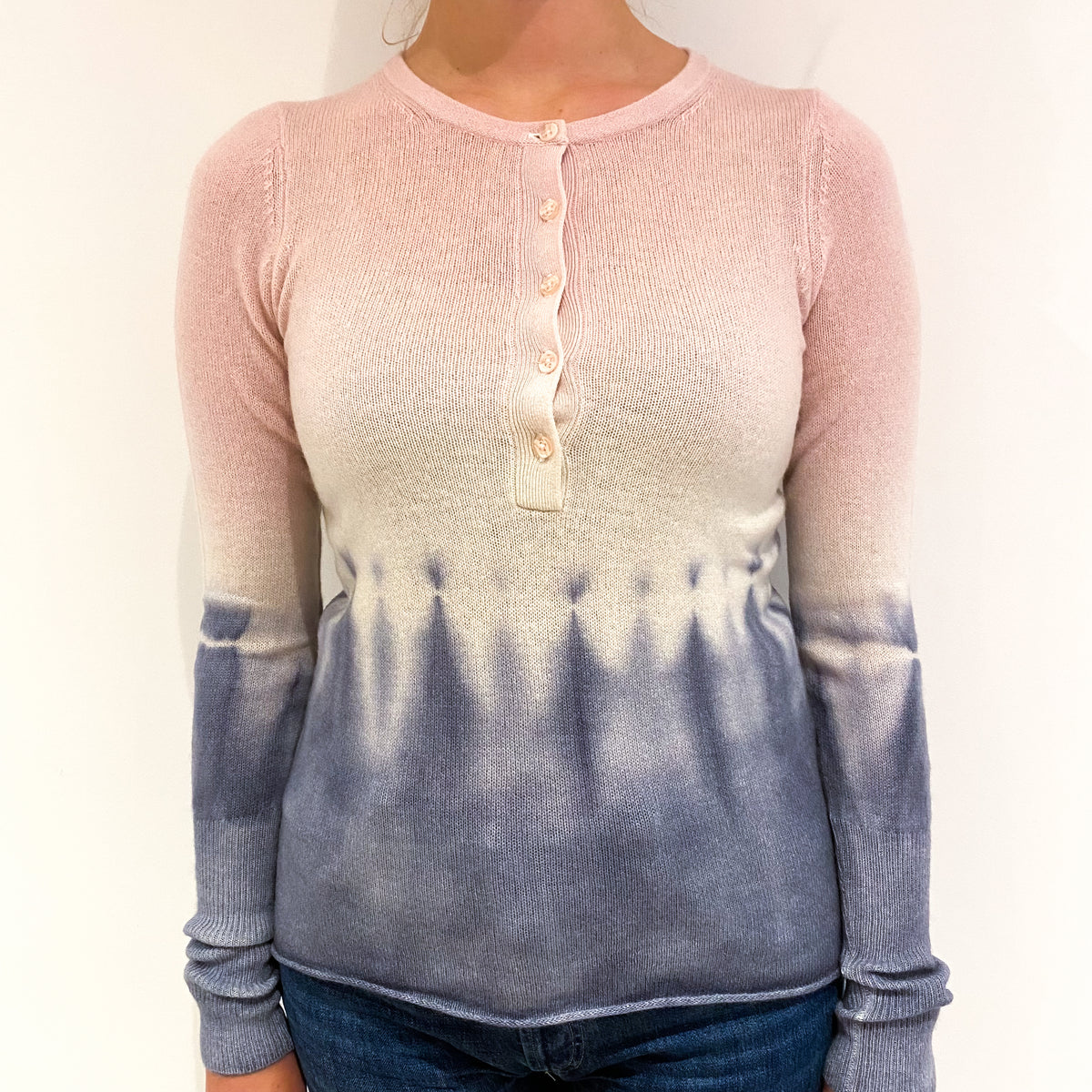 Grey and Pink Tie Dye Lightweight Cashmere Crew Neck Small