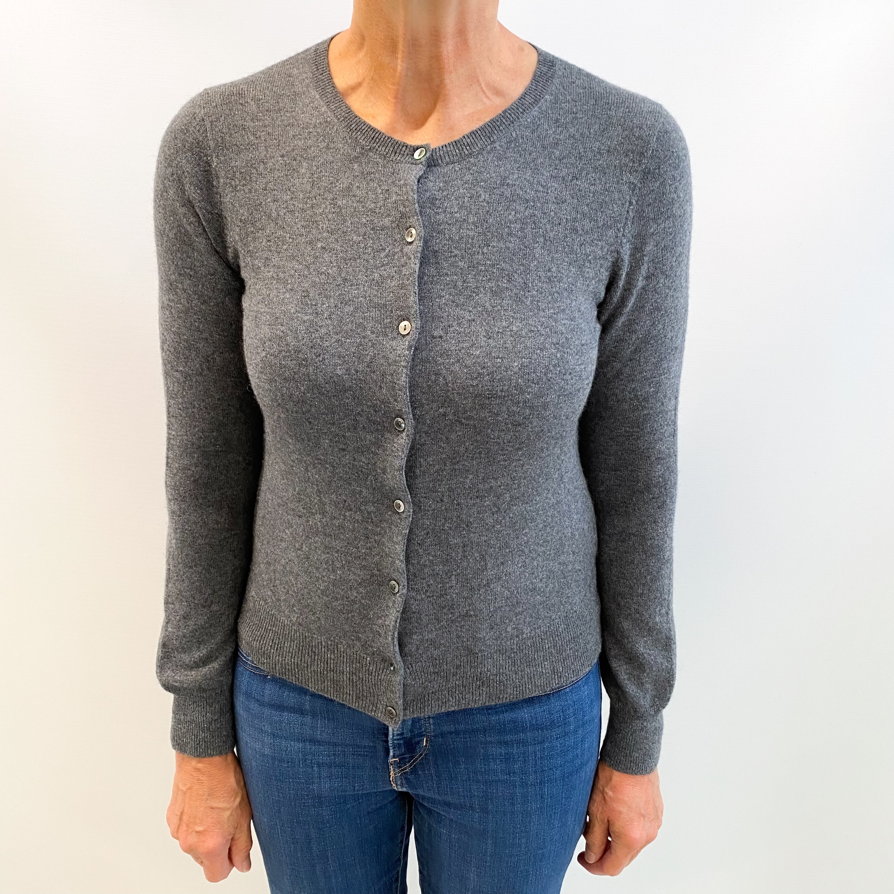 Slate Grey Cashmere Crew Neck Cardigan Medium