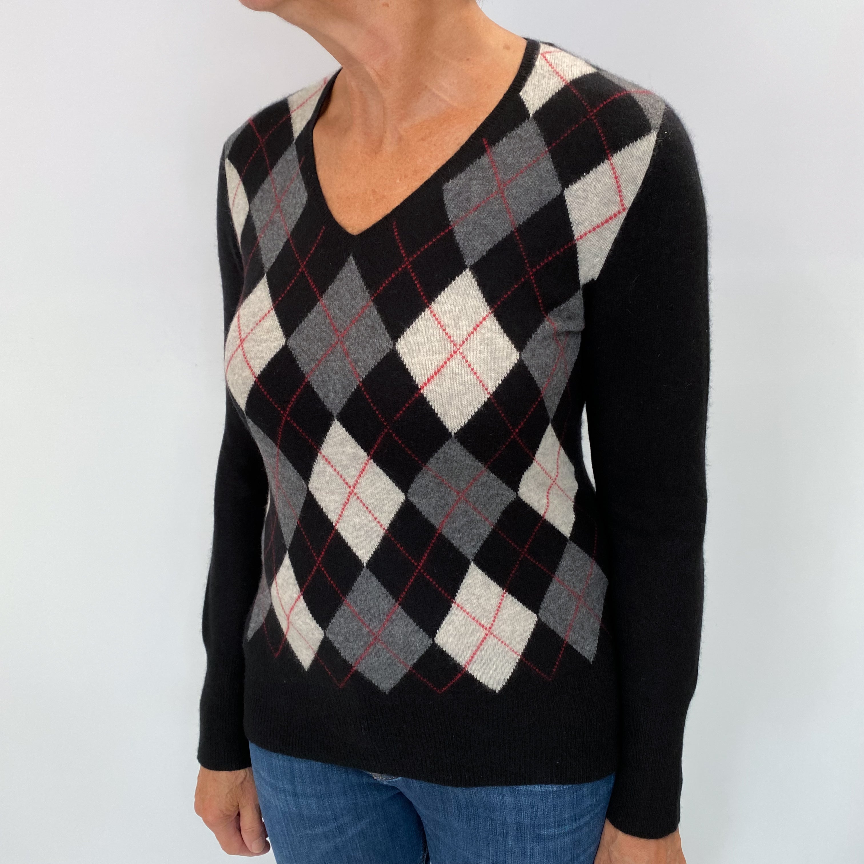 Black Argyle Cashmere V Neck Jumper Medium