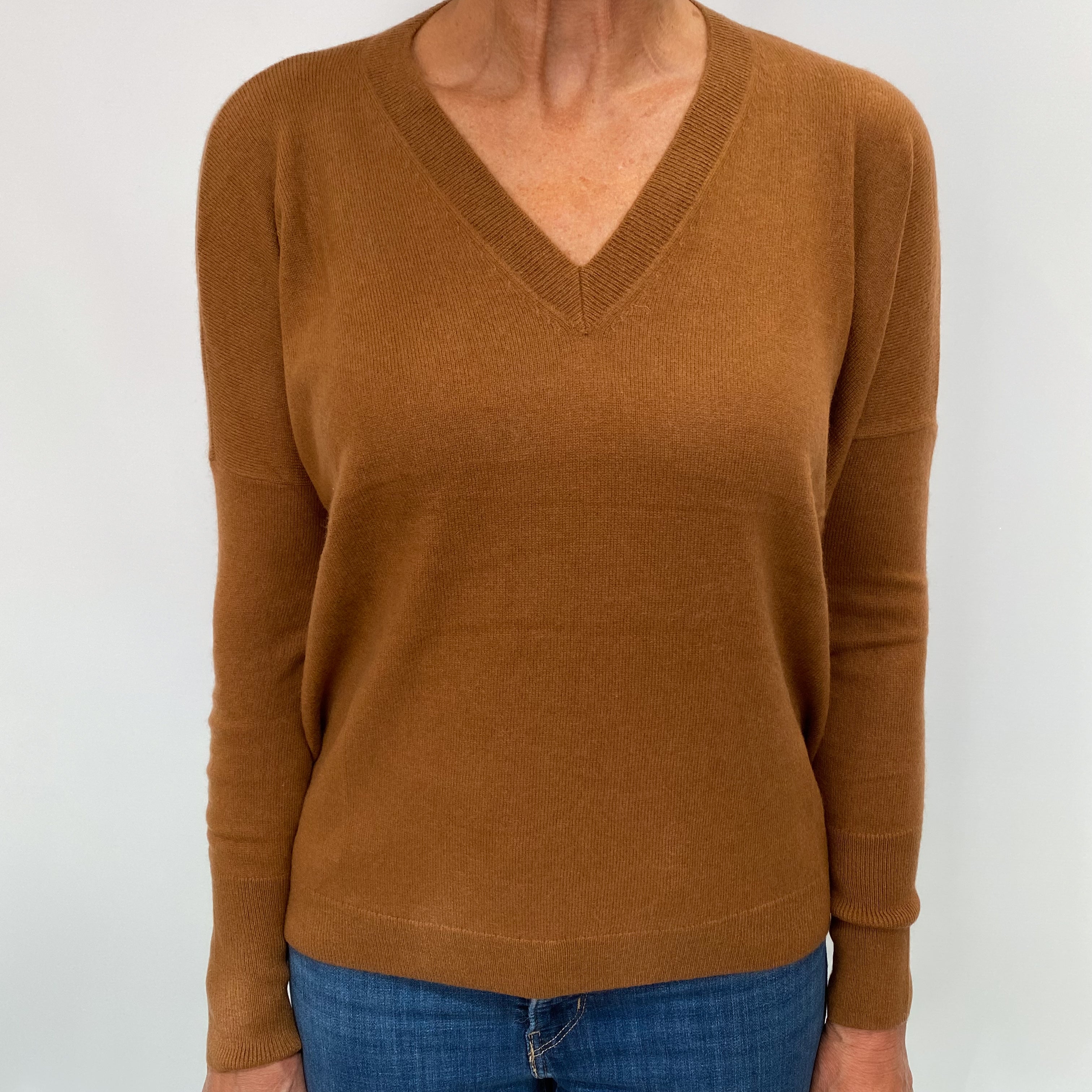 Cinnamon Brown Cashmere V Neck Jumper Medium