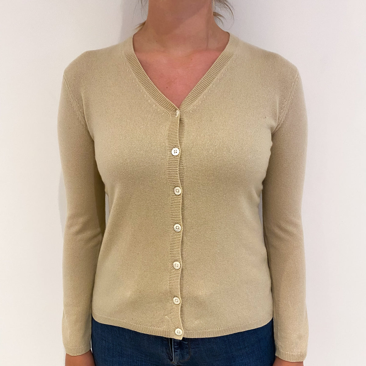 Sand Beige Cashmere V Neck Cardigan Small