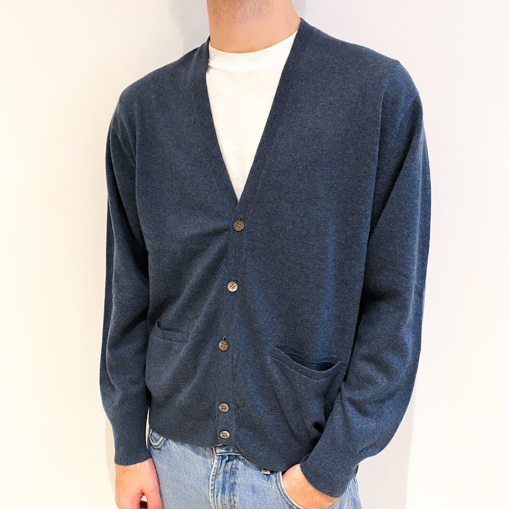 Men's Naval Blue Cashmere V Neck Cardigan With Pockets Large