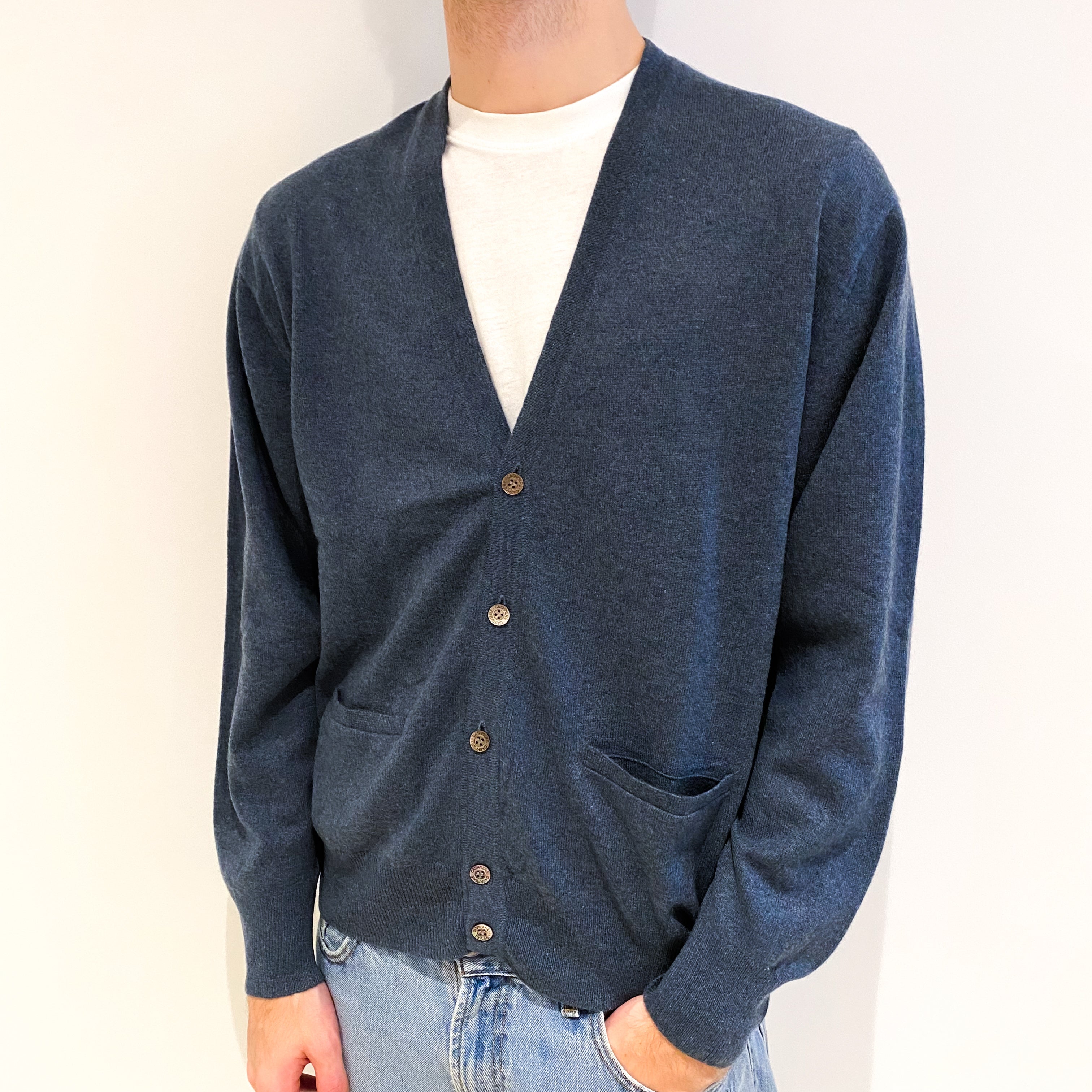 Men's Naval Blue Cashmere V Neck Cardigan With Pockets Large