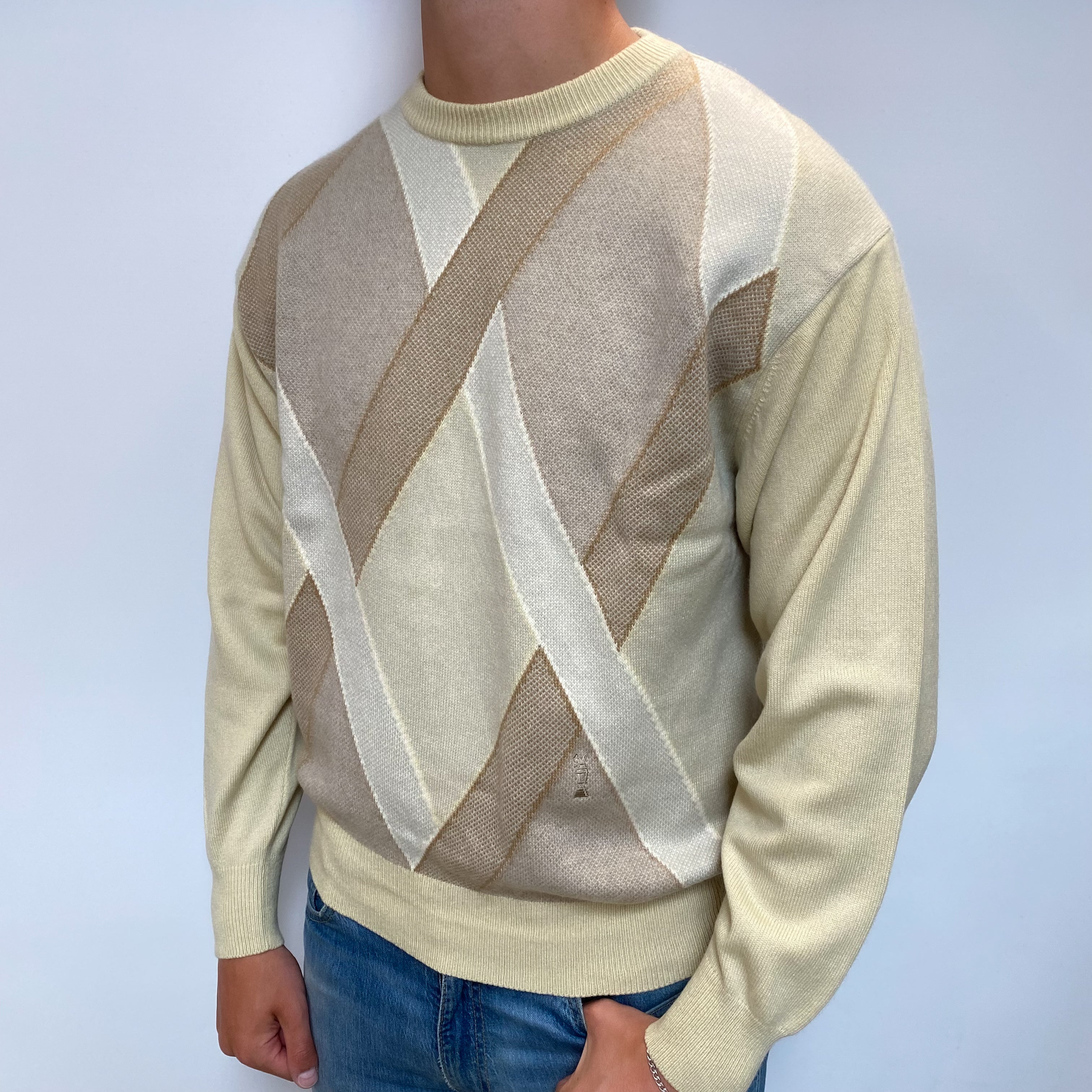Men's Golden Beige Diamond Pattern Cashmere Crew Neck Jumper XL