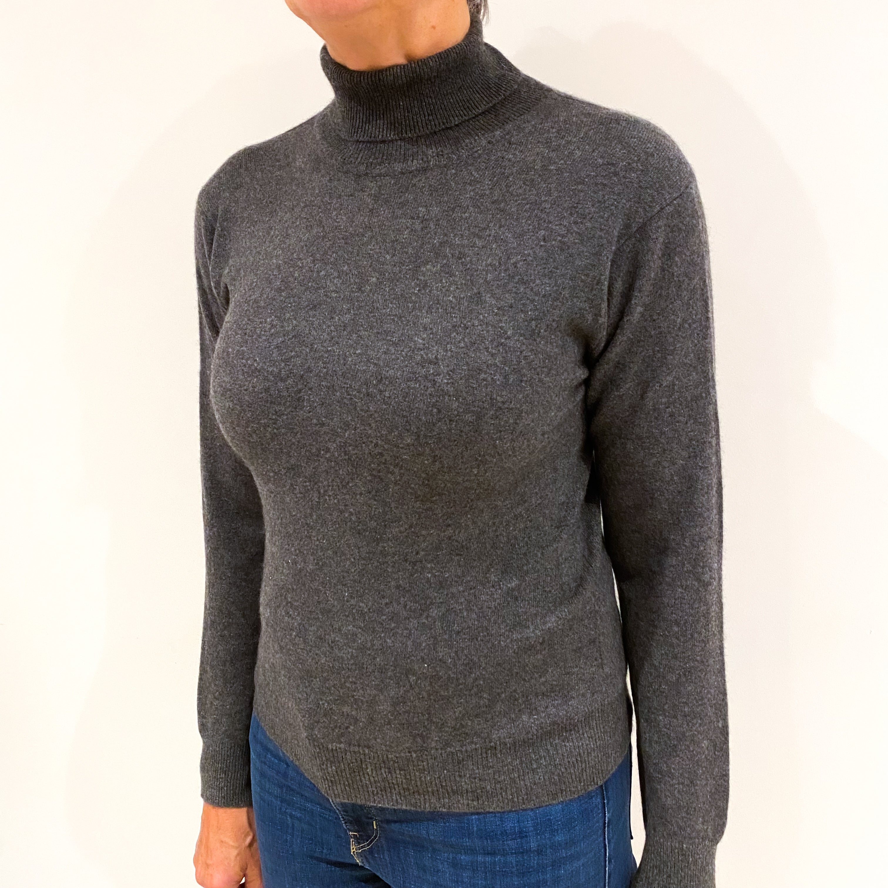 Charcoal Grey Cashmere Polo Neck Jumper Medium