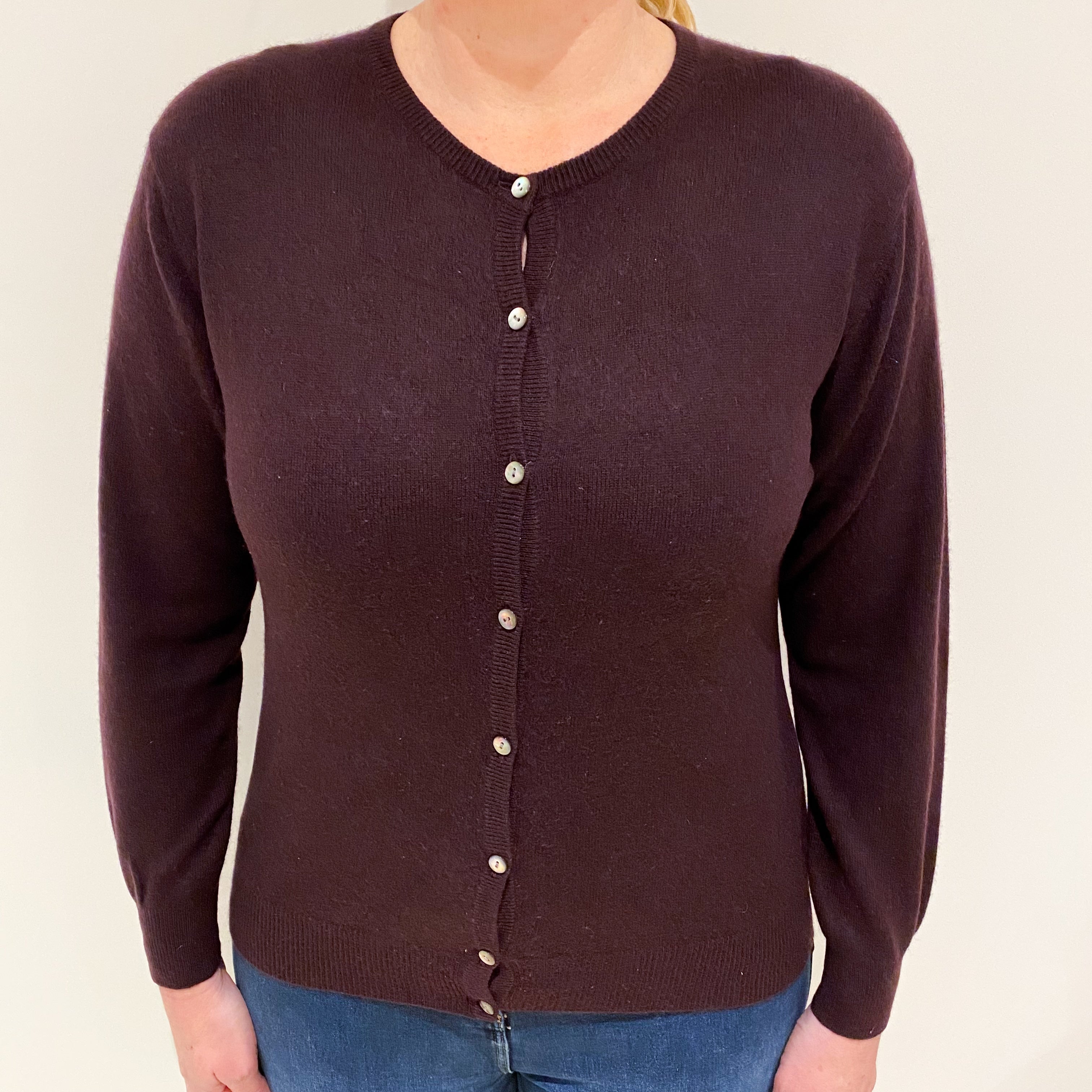 Aubergine Purple Crew Neck Cashmere Cardigan Large