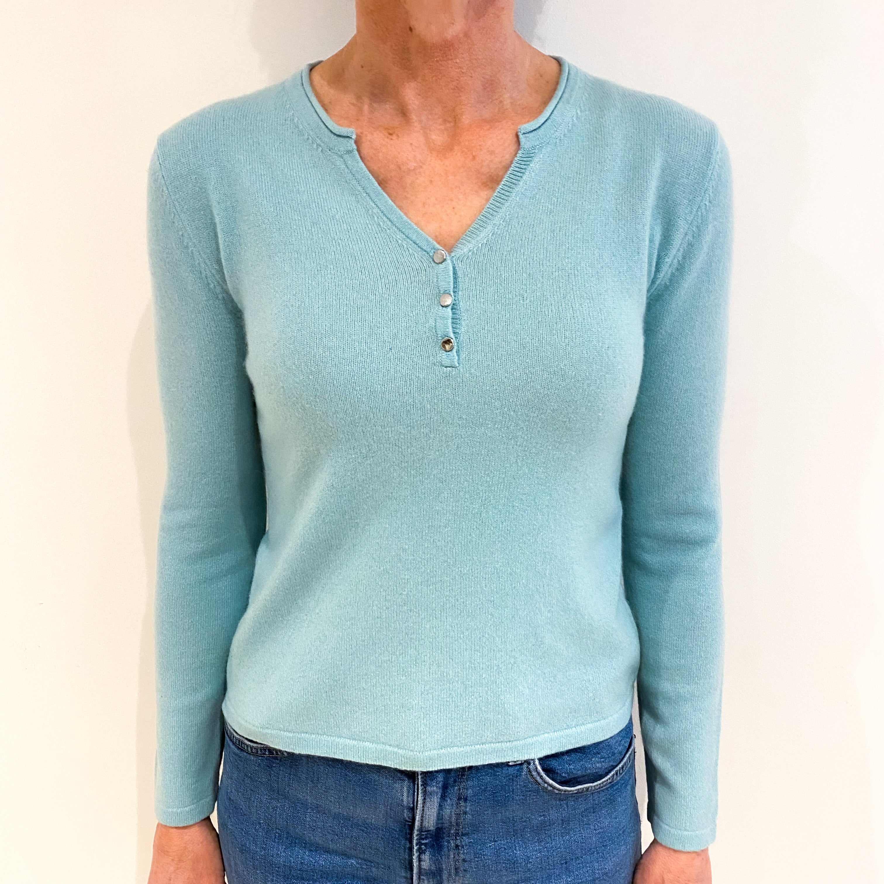 Pale Aqua Blue Cashmere Button Up V Neck Jumper Small