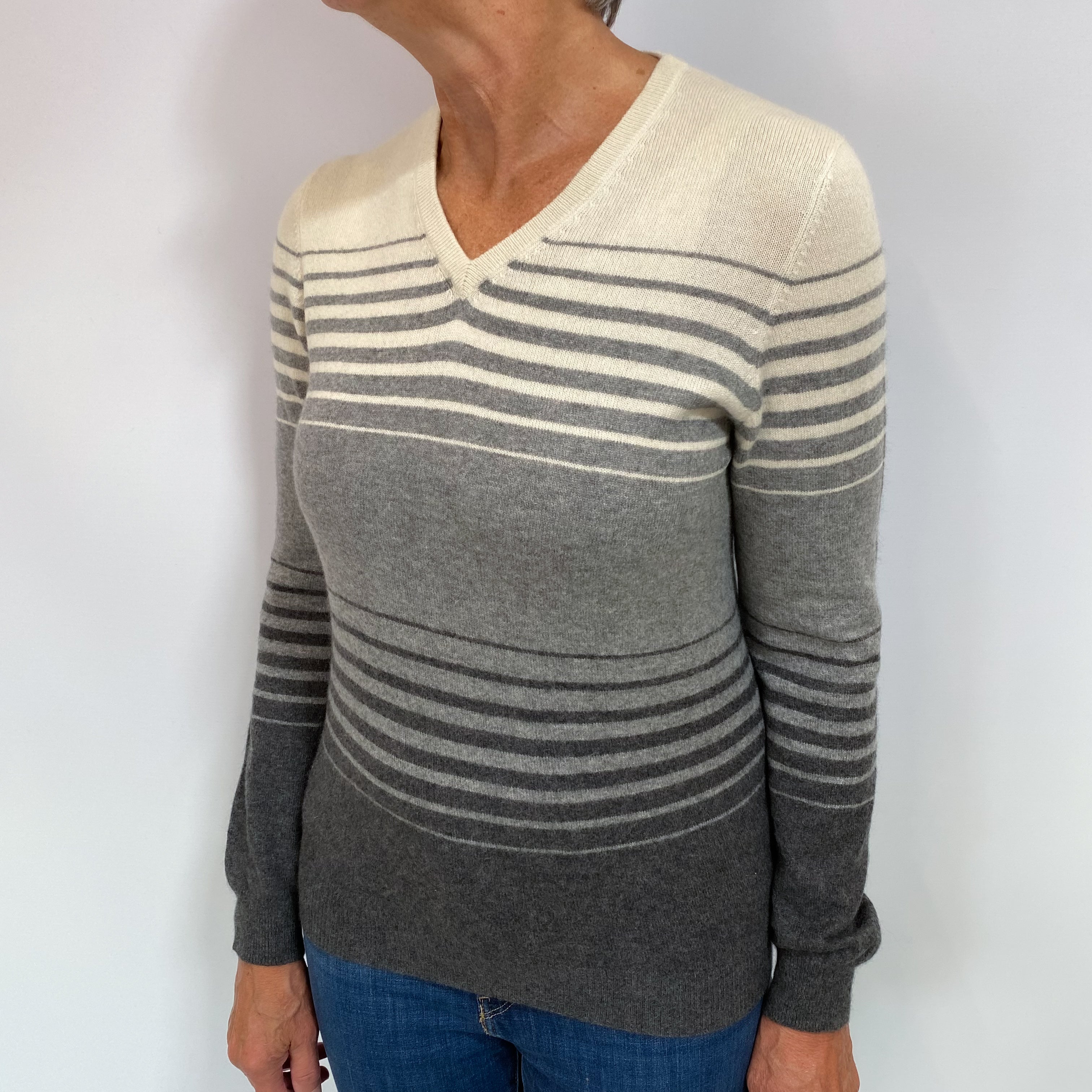 Grey and Cream Striped Cashmere V Neck Jumper Medium