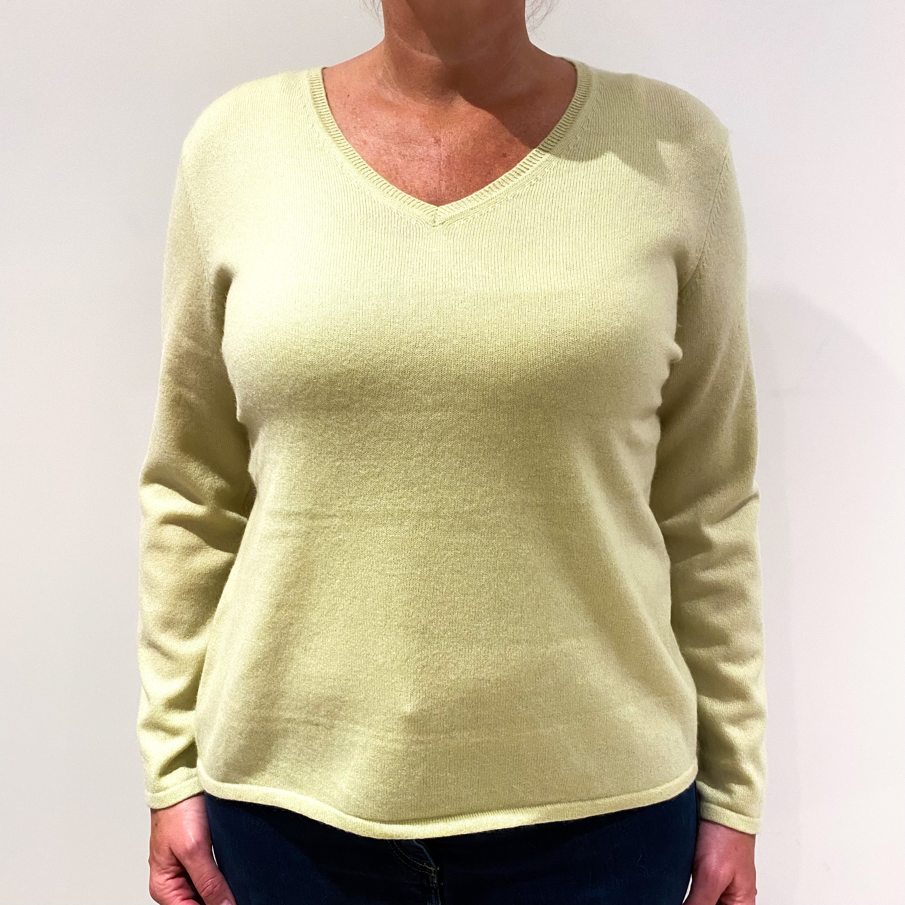 Celery Green Cashmere V-Neck Jumper Large