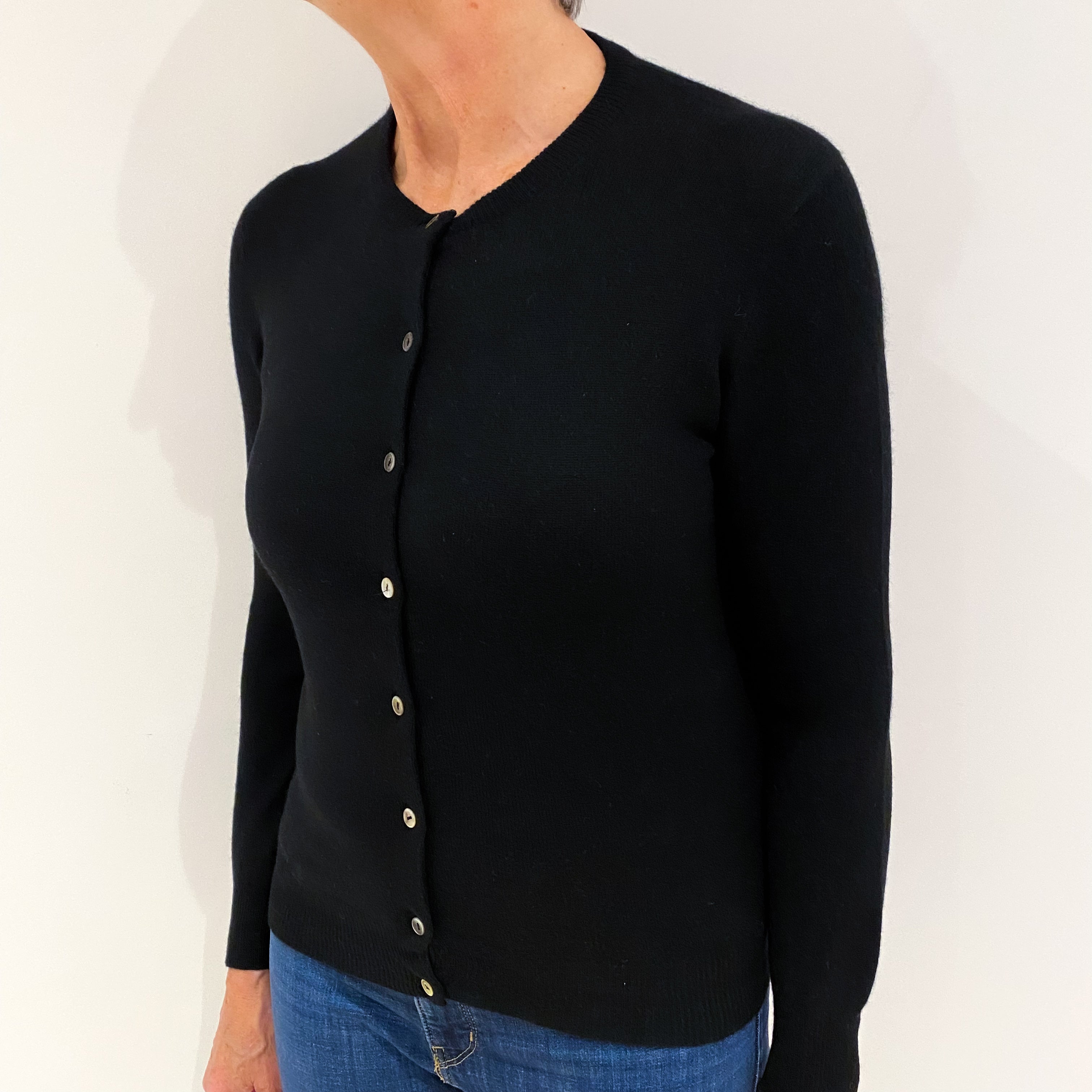 Black Cashmere Crew Neck Cardigan Medium