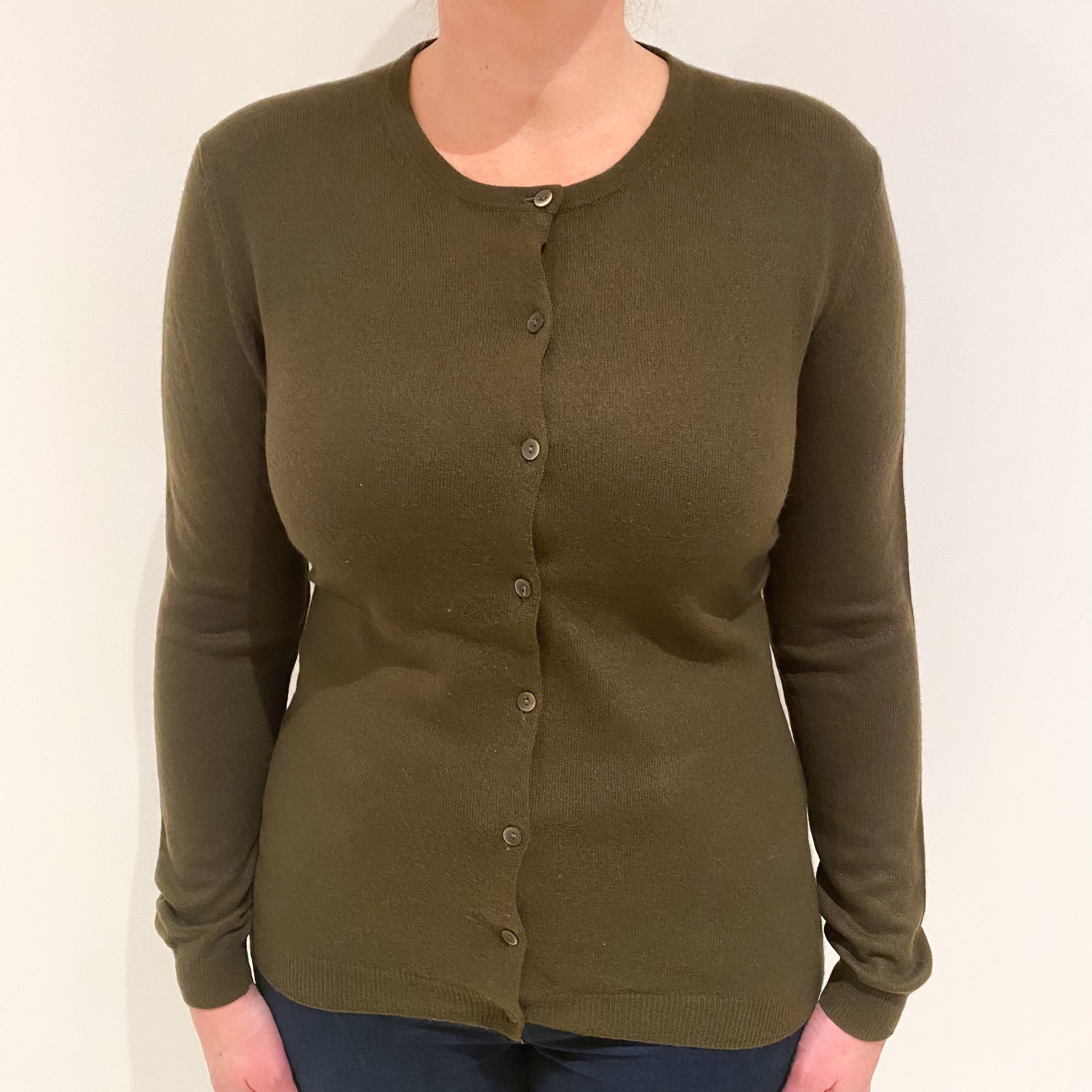 Khaki Green Cashmere Crew Neck Cardigan Large